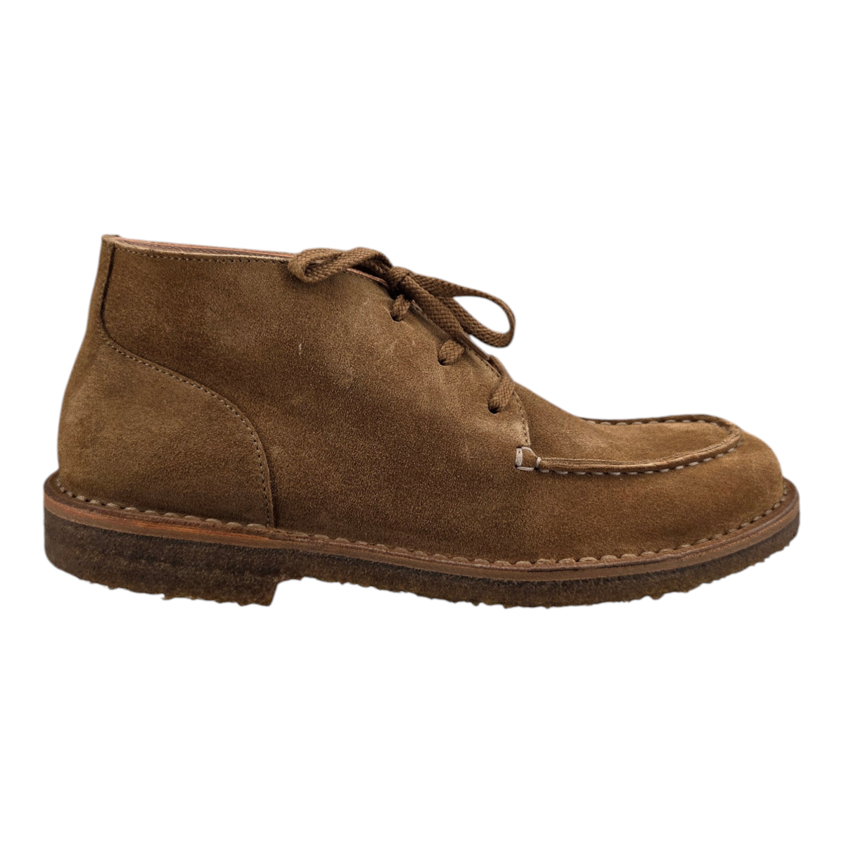 MILWORKS Astorflex Dukeflex dark khaki suede moc-toe desert boot with natural rubber sole, made in Italy.