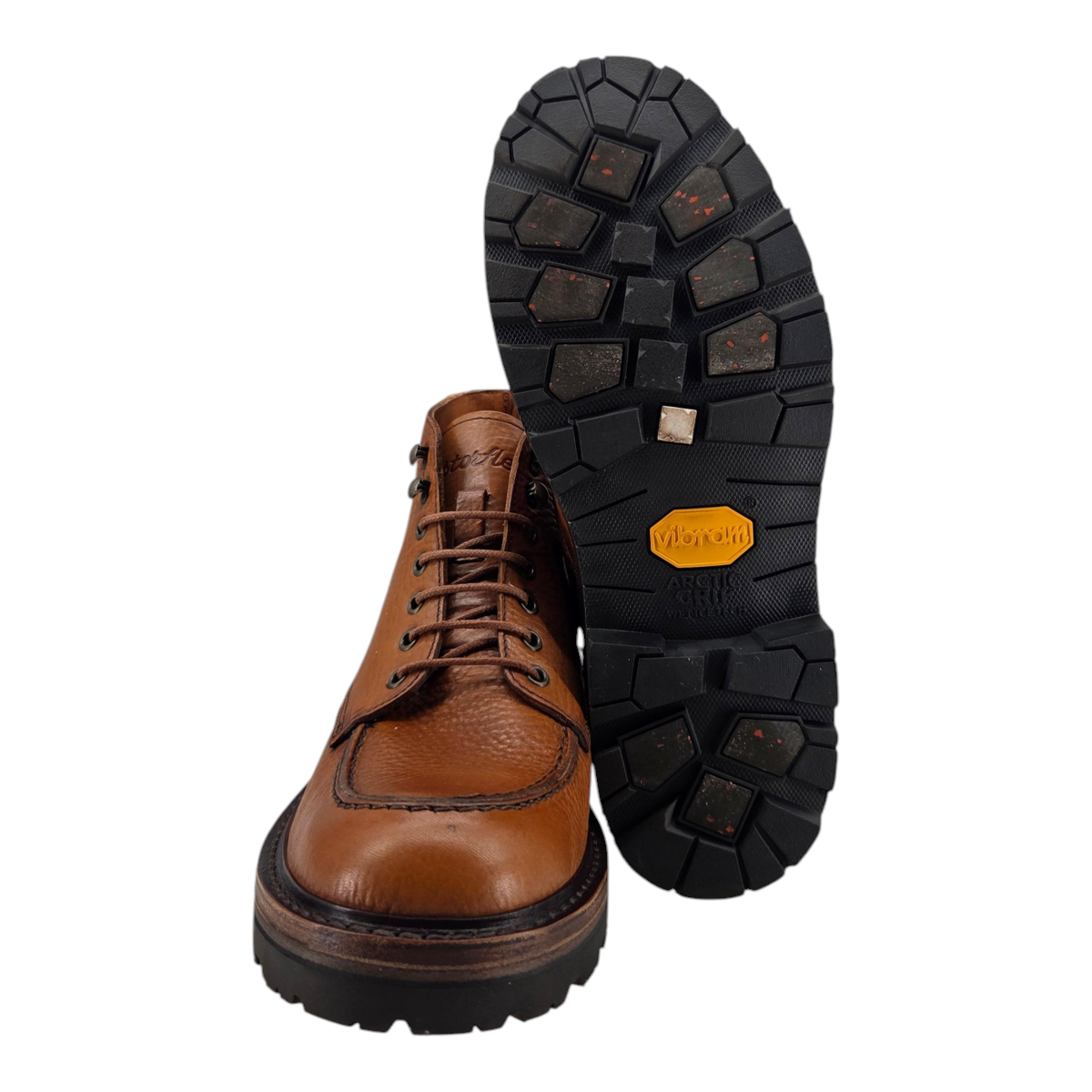 MILWORKS Astorflex Primeflex moc toe boot in nocciola tan leather with a black Vibram lug sole