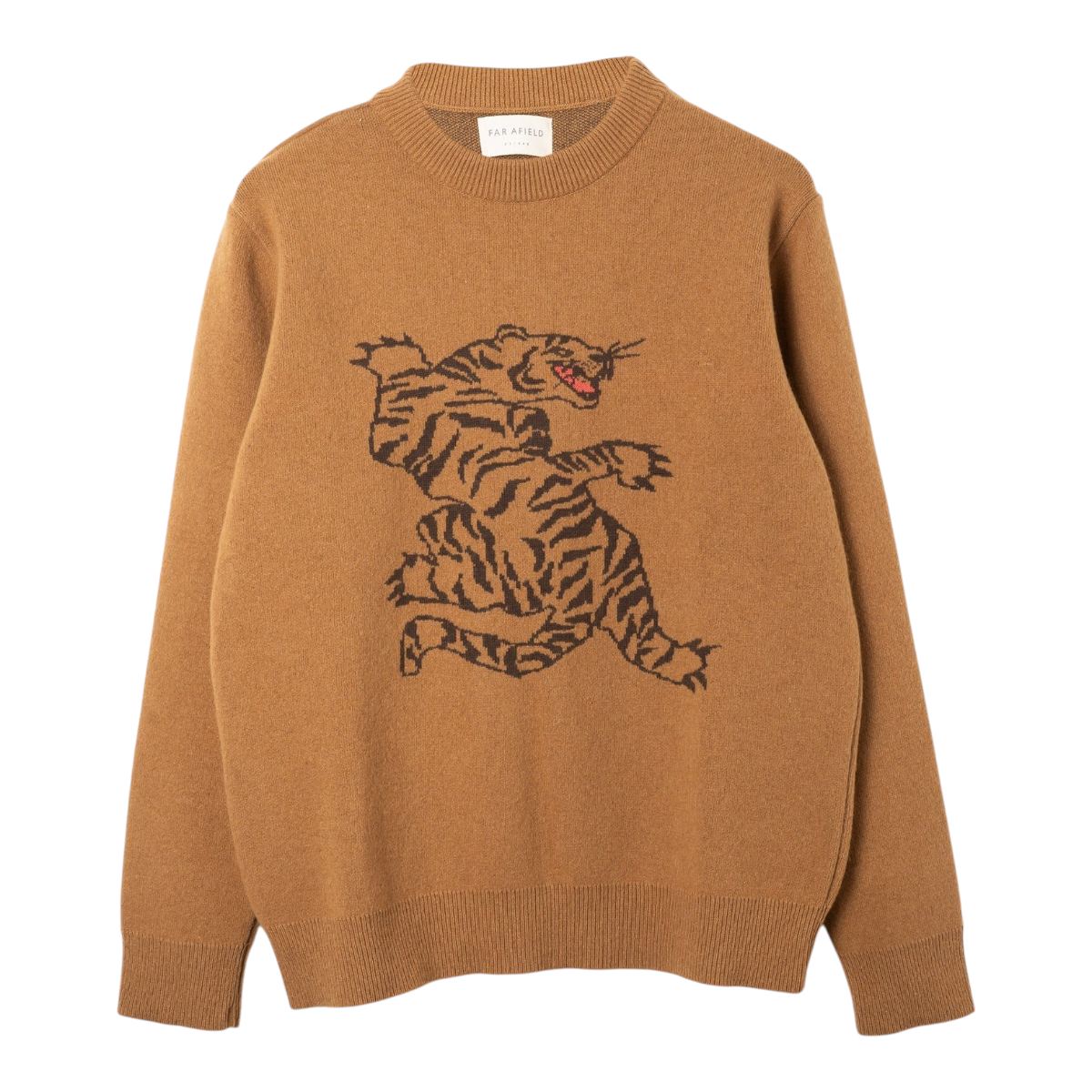 MILWORKS Bagh Motif wool sweater in brown featuring a large tiger jacquard design on the chest and ribbed crew neck.