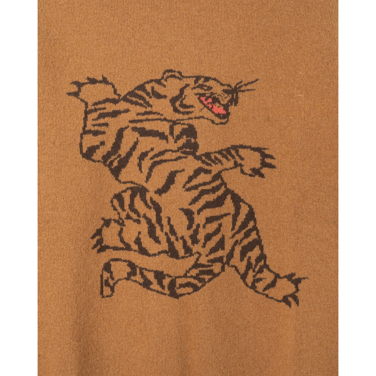 MILWORKS Bagh Motif wool sweater featuring a large brown and black tiger jacquard design with a red mouth accent.