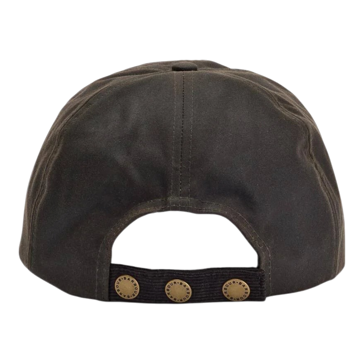 MILWORKS Barbour Ashby olive brown waxed cotton cap with adjustable back strap and branded metal buttons