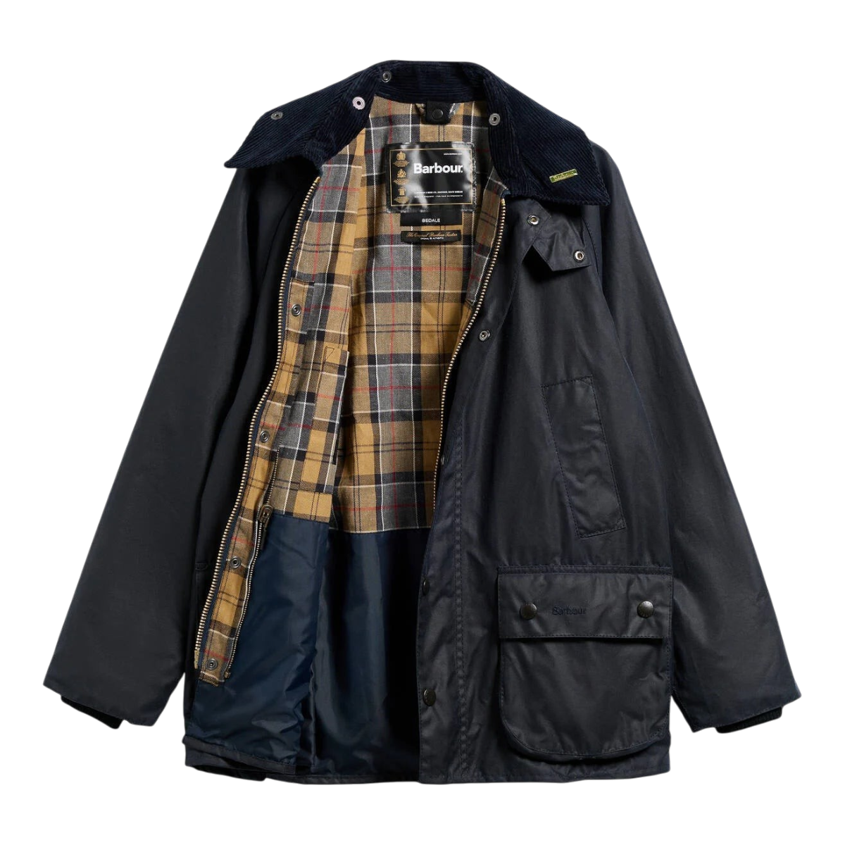 MILWORKS Barbour Classic Bedale waxed cotton jacket in navy with corduroy collar and tartan lining