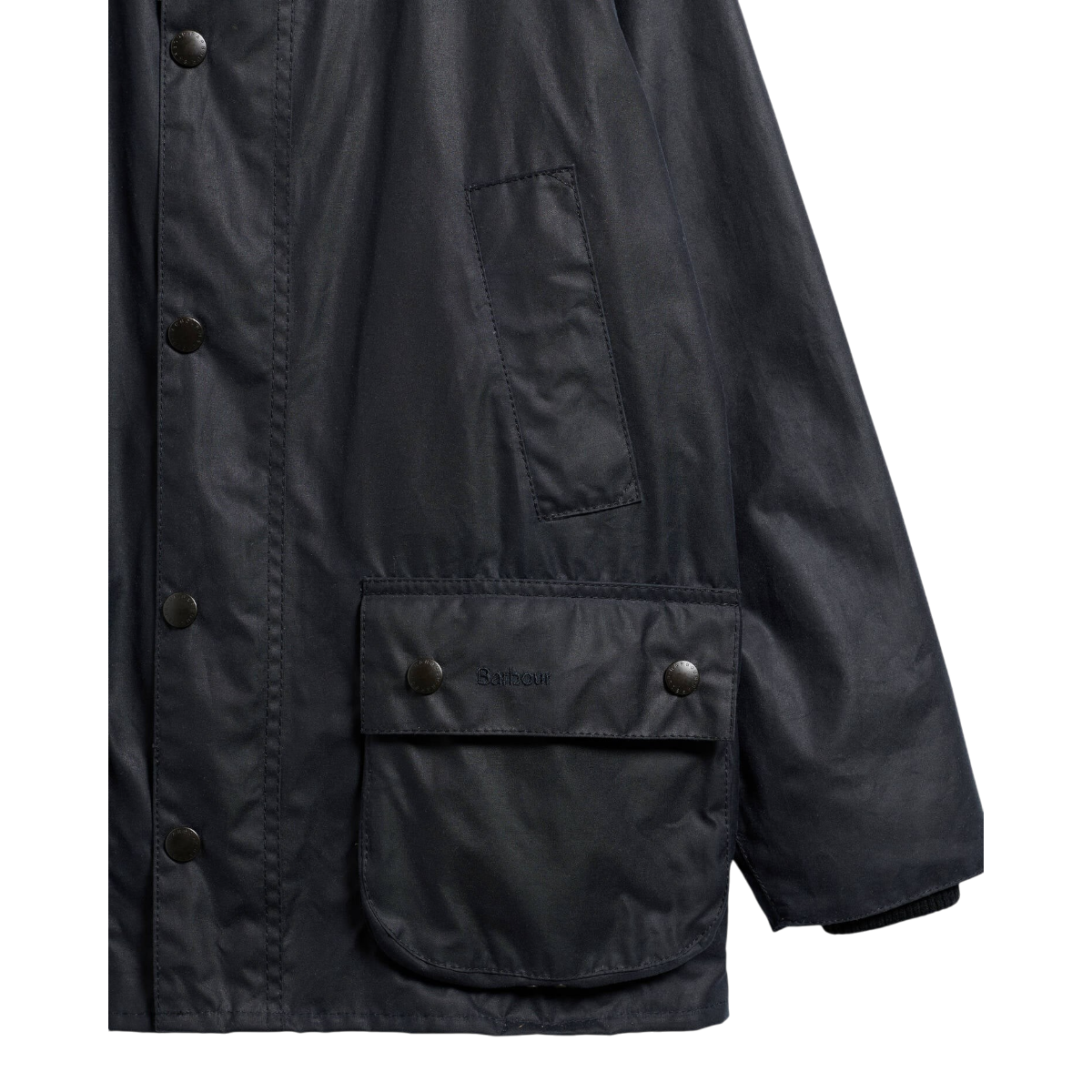 MILWORKS Barbour Bedale navy waxed cotton jacket featuring a large bellows pocket and brass snap button closure