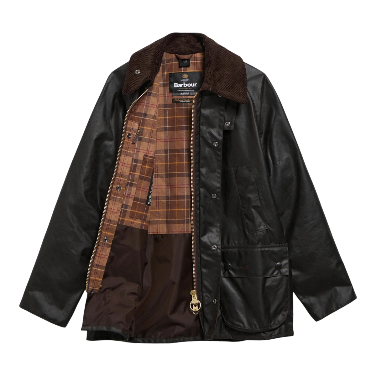 MILWORKS Barbour Bedale waxed cotton jacket in rustic brown with corduroy collar and tartan lining