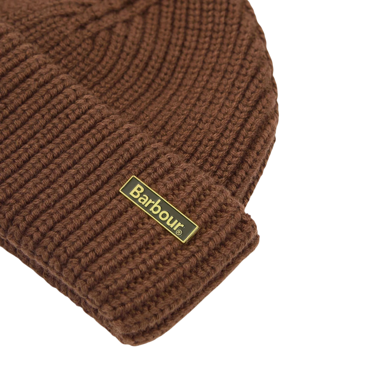 MILWORKS Barbour Mosely fisherman beanie in soil brown cotton-wool blend with a removable gold logo pin badge