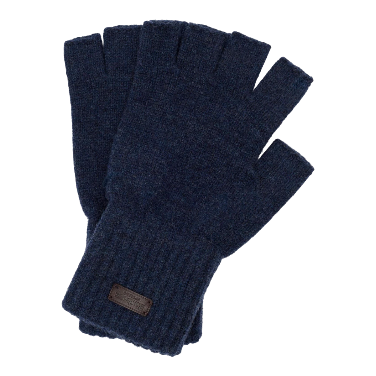 MILWORKS Barbour Heath navy wool fingerless gloves with ribbed cuffs and a leather logo patch