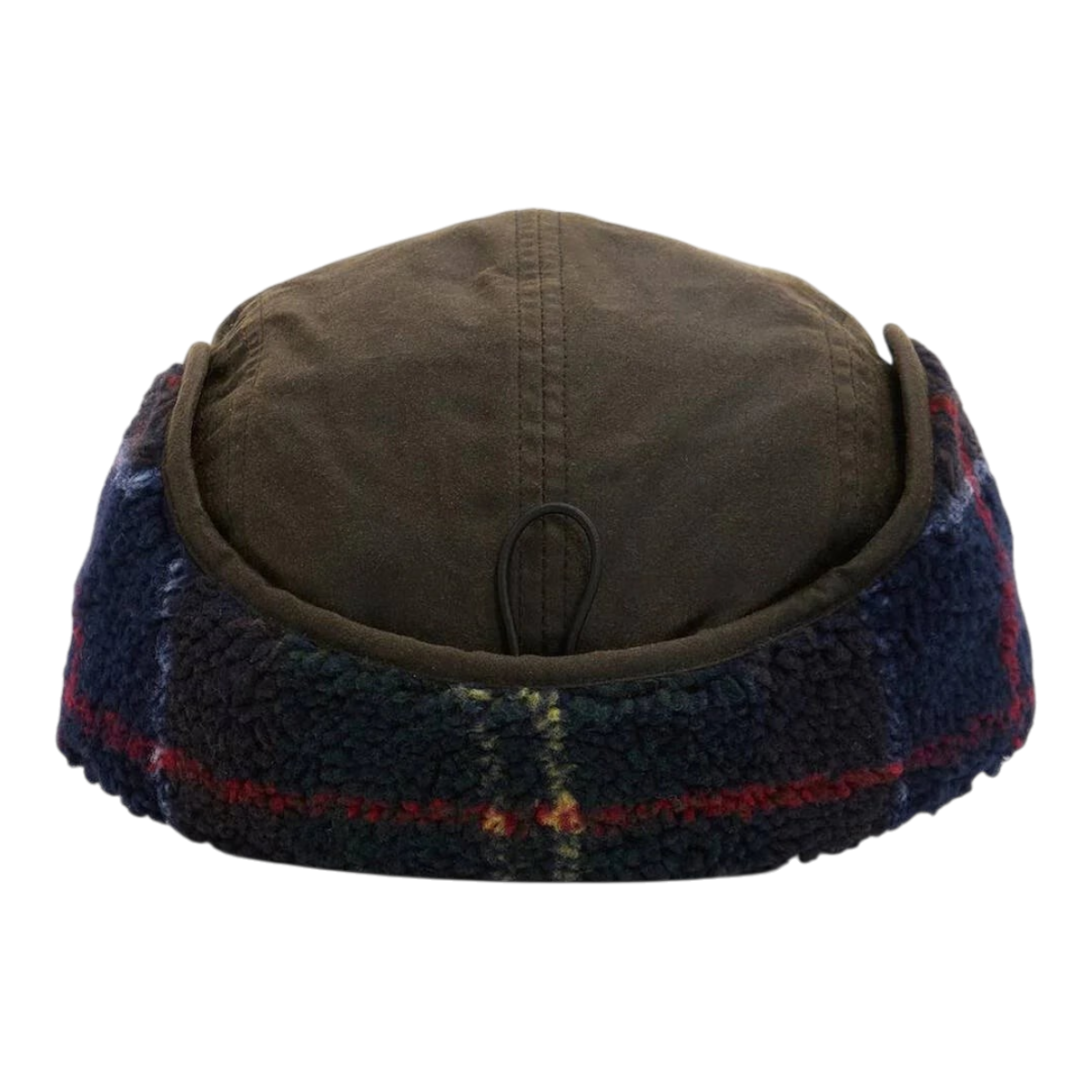 MILWORKS Barbour Lonnen olive waxed cotton carpenter cap with tartan fleece ear flaps and adjustable cord