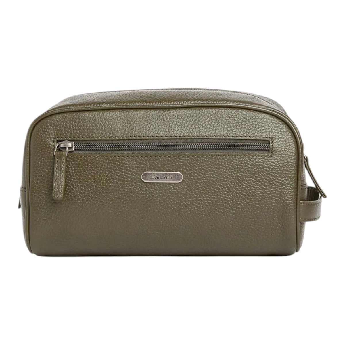 MILWORKS Barbour Brunson dark olive grained leather washbag with front zip pocket and branded metal badge