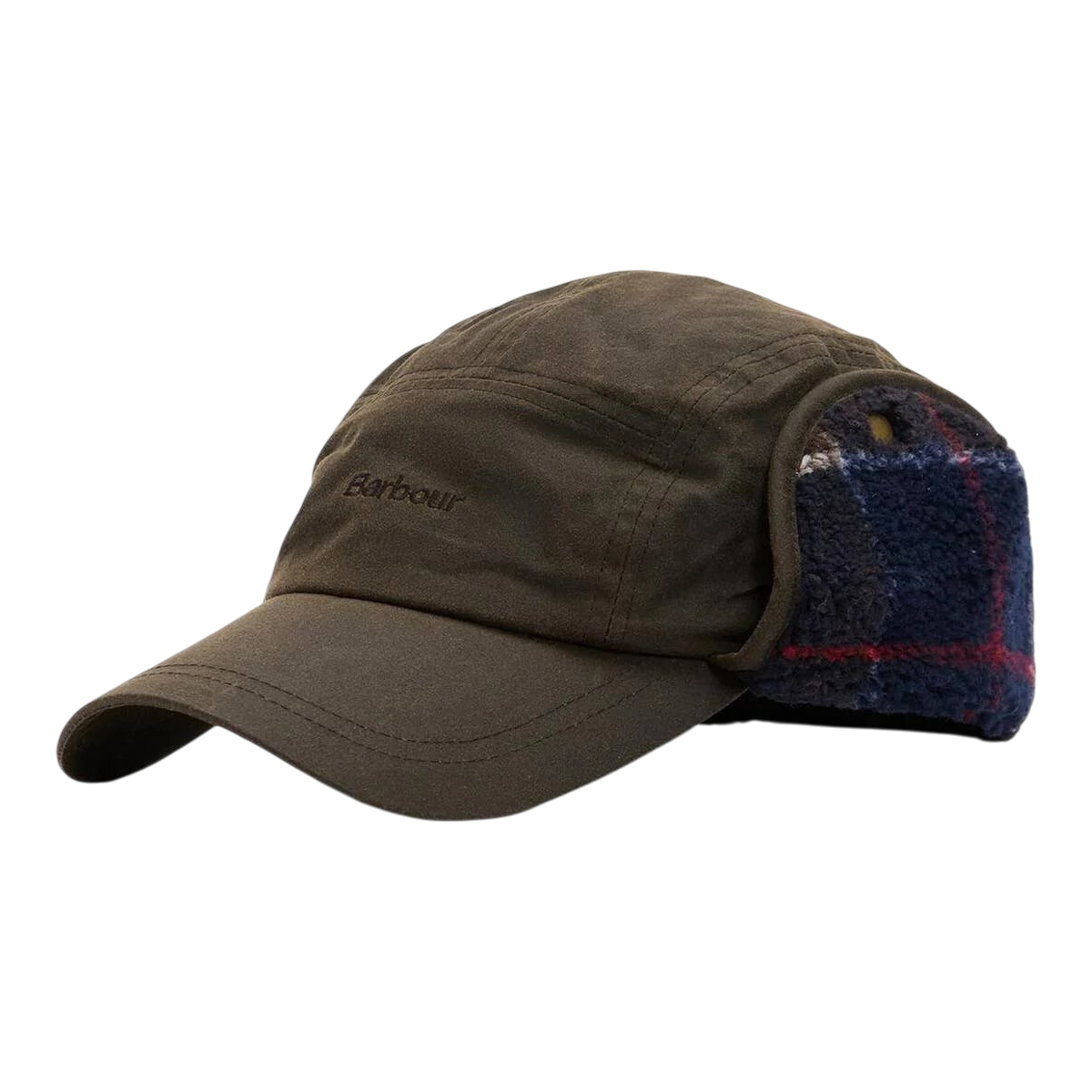 MILWORKS Barbour Lonnen olive waxed cotton carpenter cap with tartan fleece ear flaps and adjustable cord