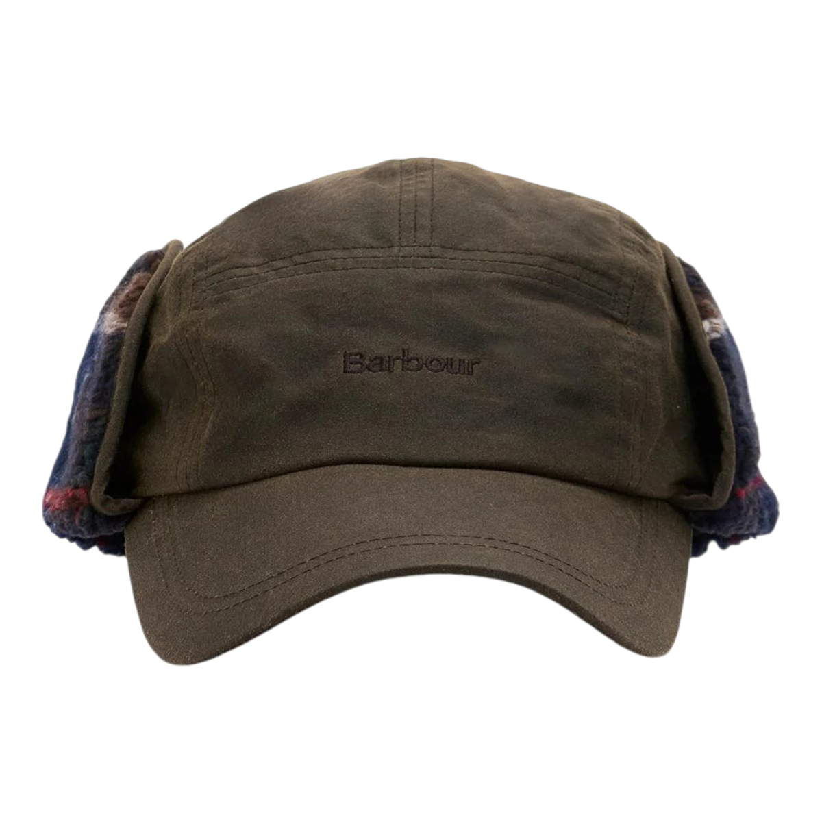 MILWORKS Barbour Lonnen olive waxed cotton carpenter cap with tartan fleece ear flaps and embroidered logo