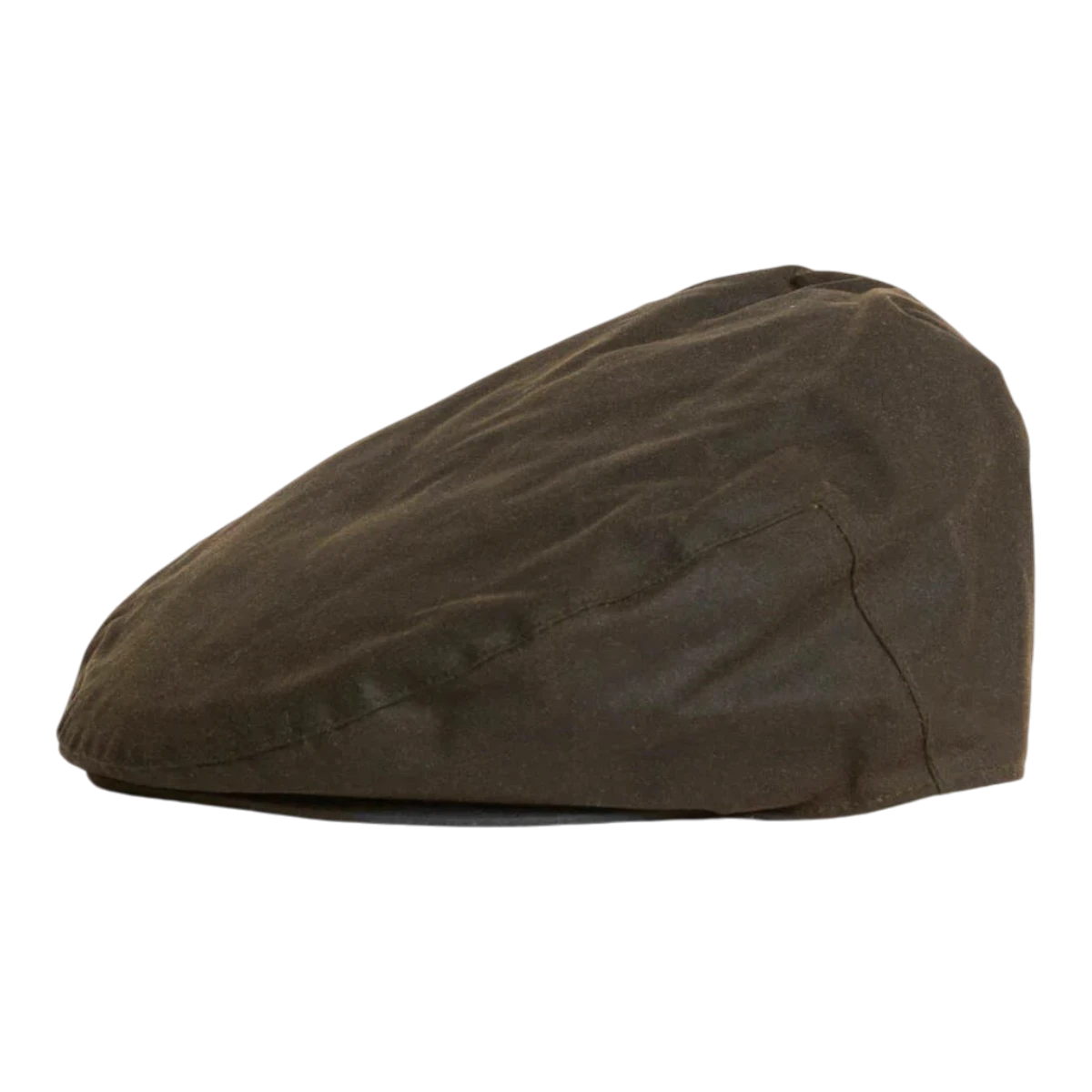 MILWORKS Barbour olive green waxed cotton flat cap with a traditional pre-formed peak and water-resistant finish.