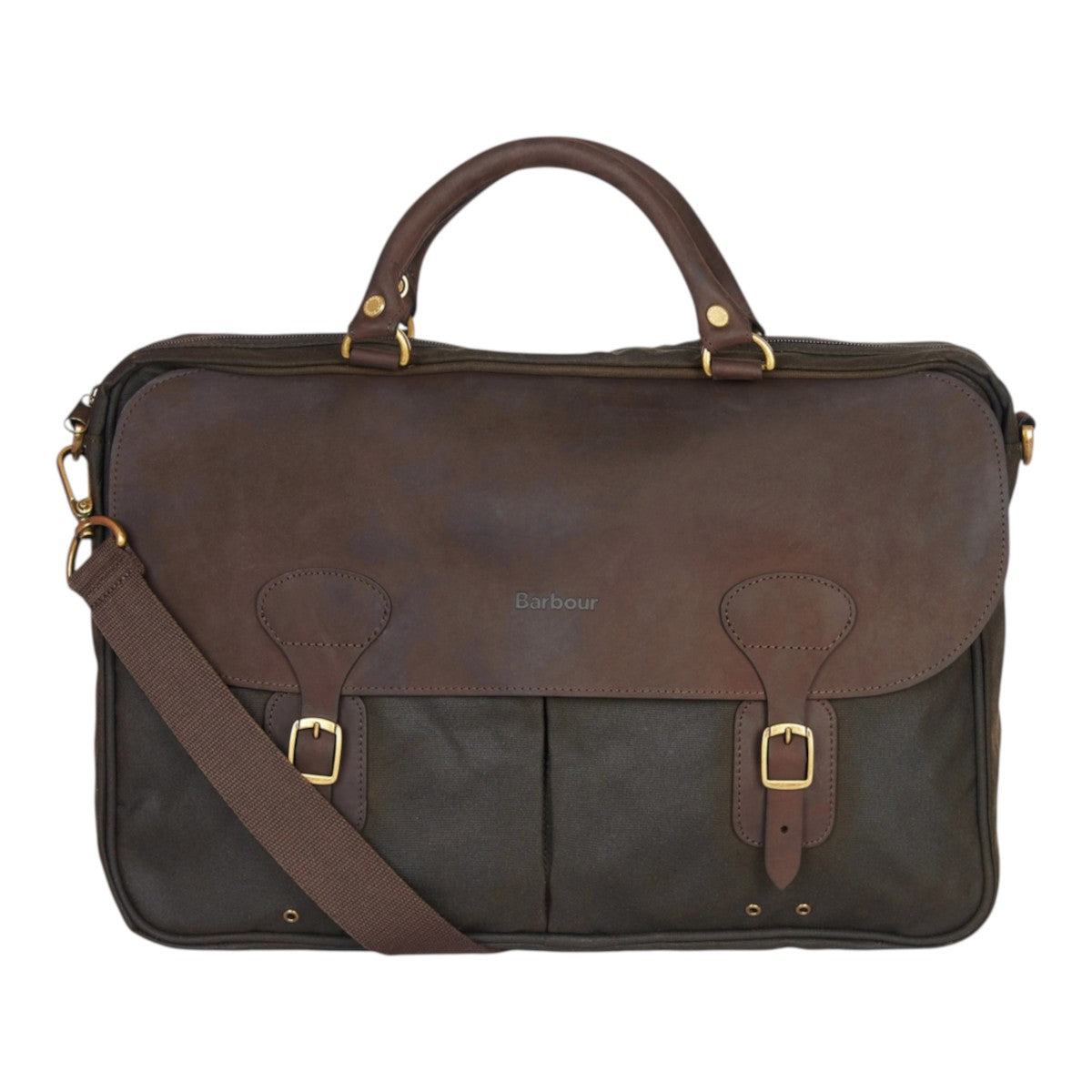 MILWORKS Barbour olive waxed leather briefcase with antique brass buckles and a detachable shoulder strap
