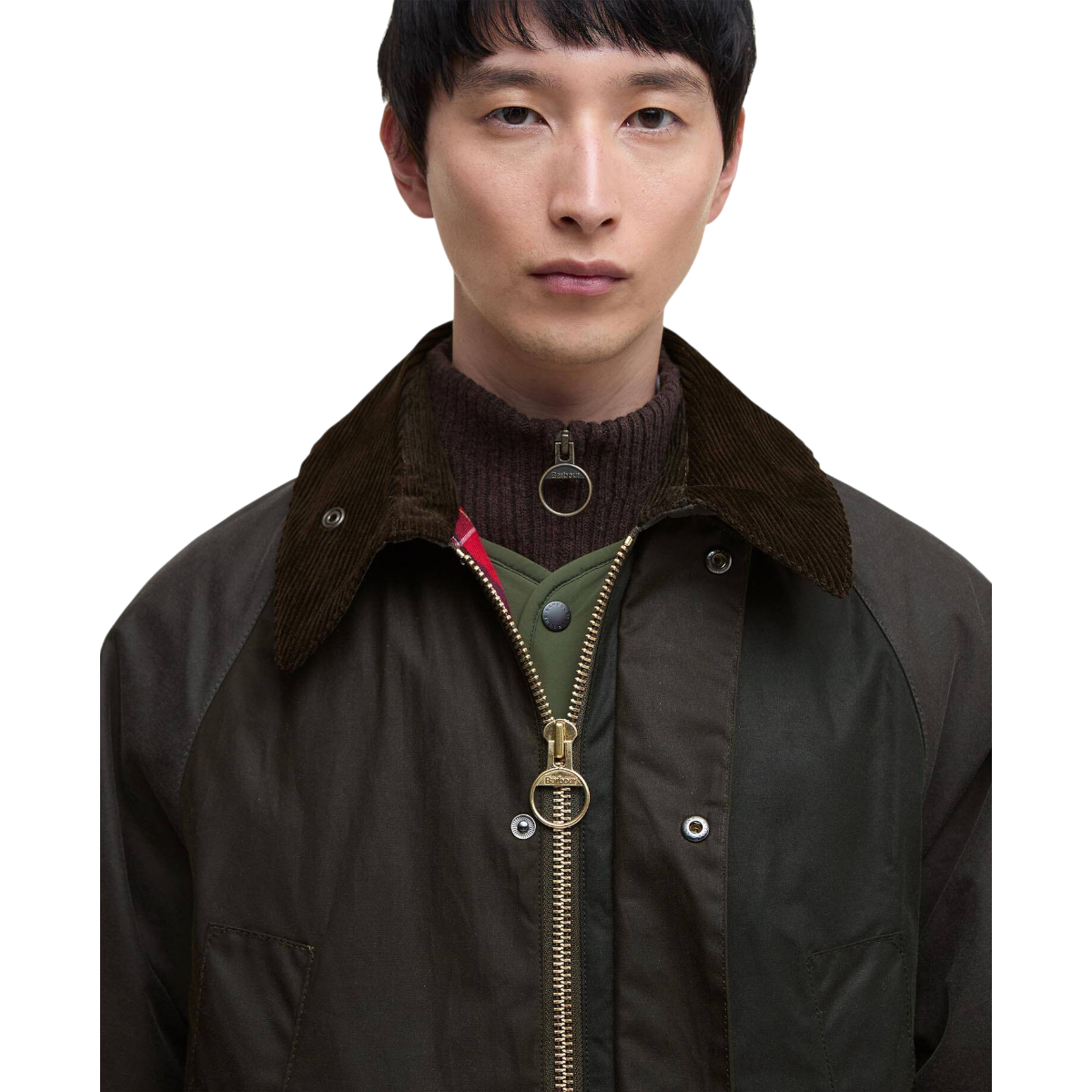 MILWORKS Barbour Patchwork Oversized Bedale waxed jacket in olive green with a brown corduroy collar on a model