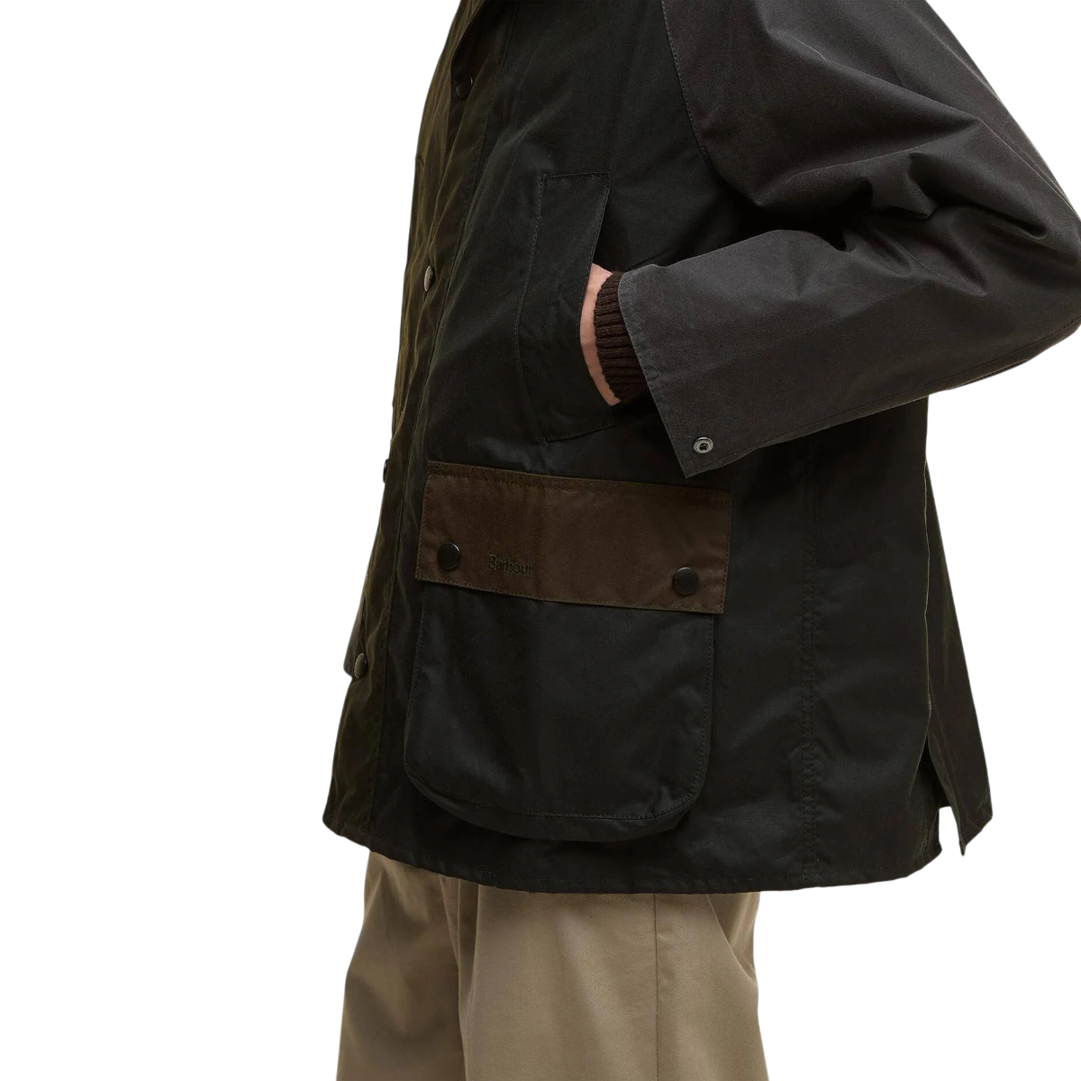 MILWORKS Barbour patchwork waxed cotton Bedale jacket in dark tones with a front pocket and corduroy collar detail.