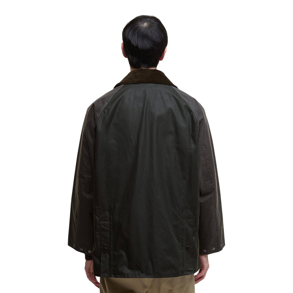 Back view of a MILWORKS Barbour Patchwork Oversized Bedale waxed cotton jacket in olive green with a corduroy collar.