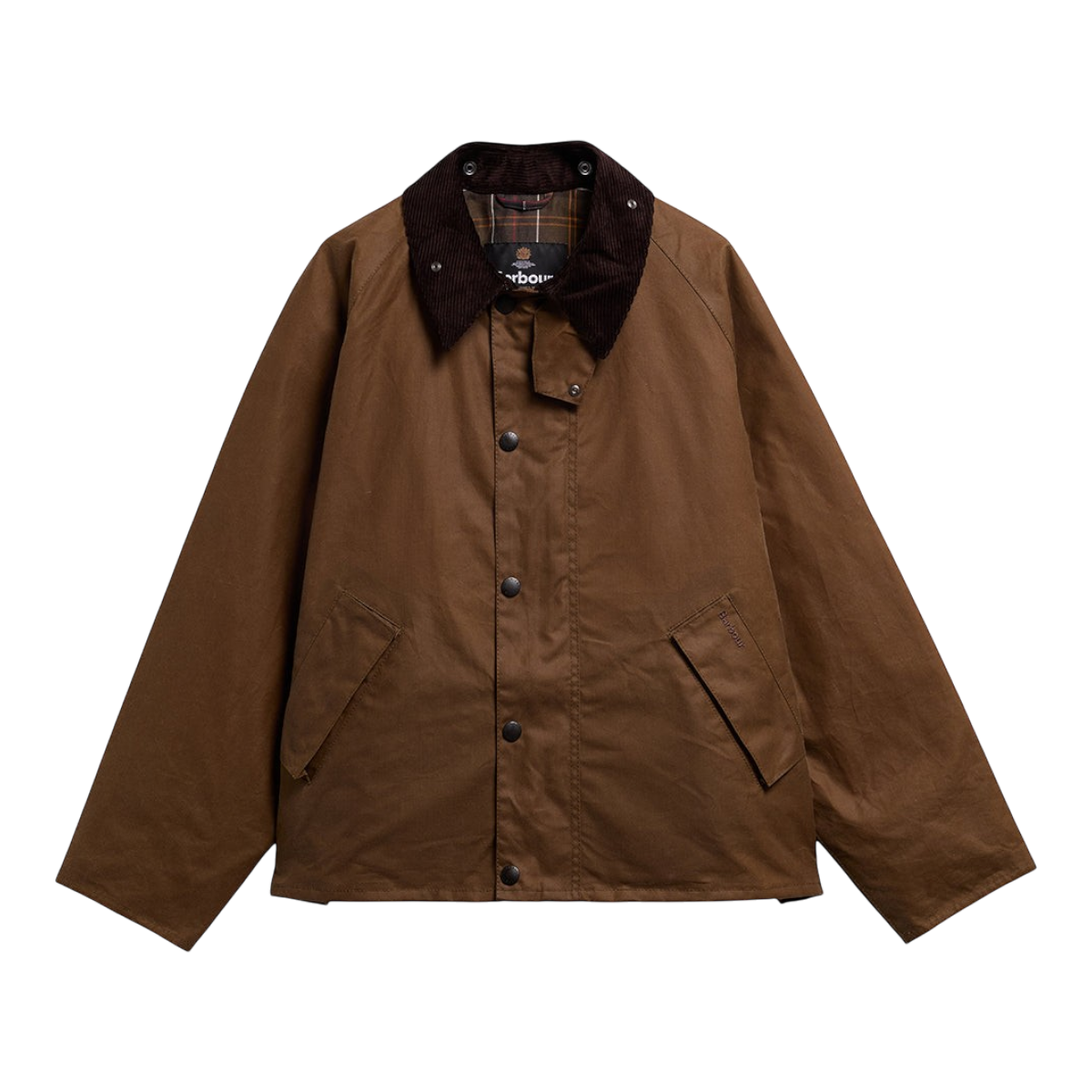 MILWORKS Barbour Transport waxed cotton jacket in sand with a brown corduroy collar and tartan lining