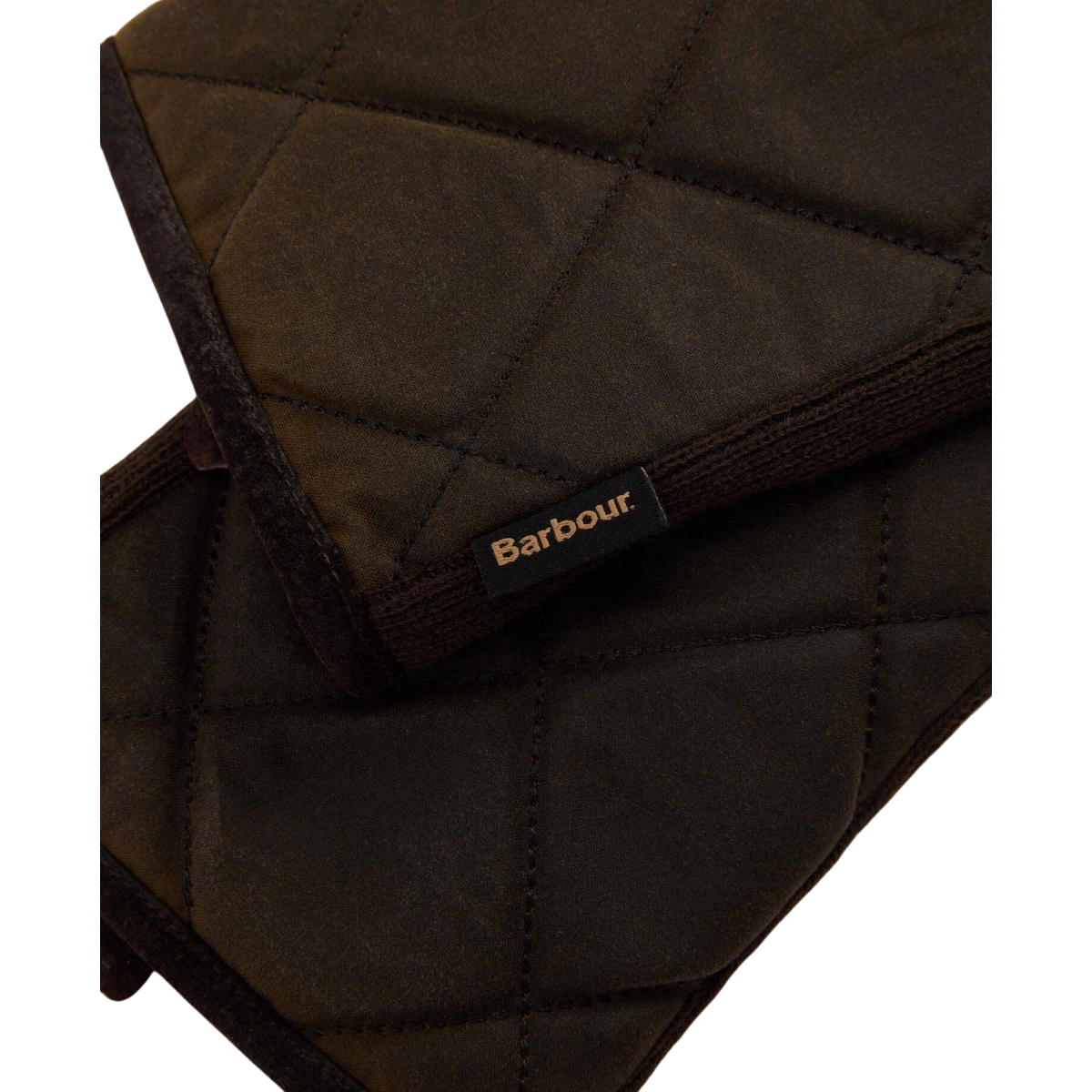MILWORKS Barbour Westerdale olive green quilted waxed cotton gloves with knitted trim and diamond stitch detail.