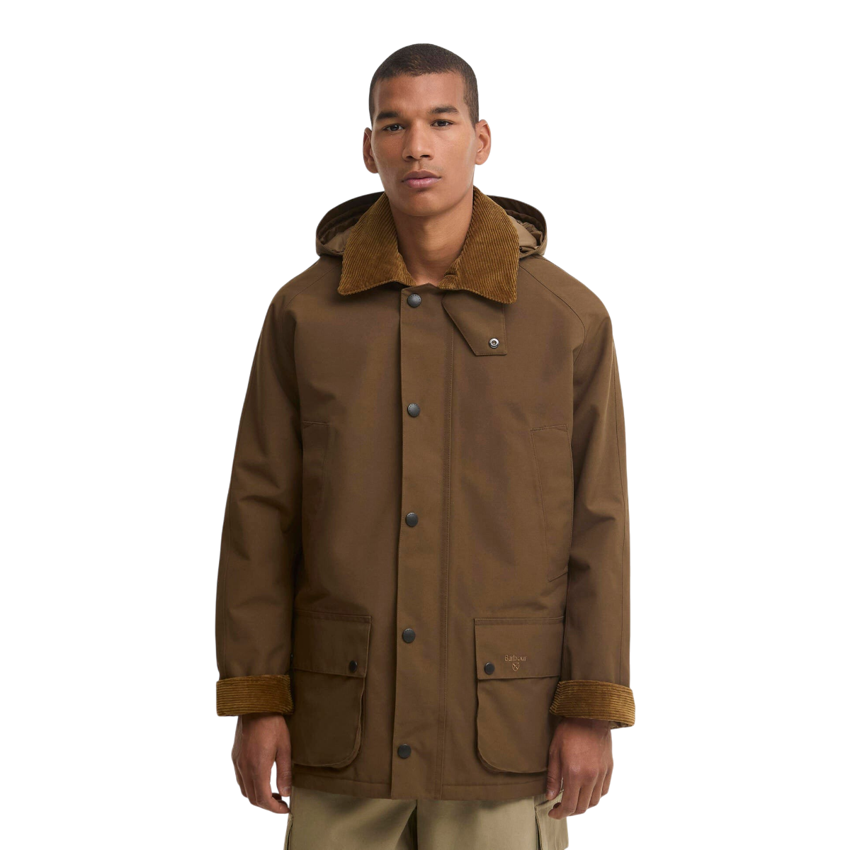 MILWORKS Barbour Winter Ashby waterproof jacket in dark sand with a corduroy collar, detachable hood, and front pockets.