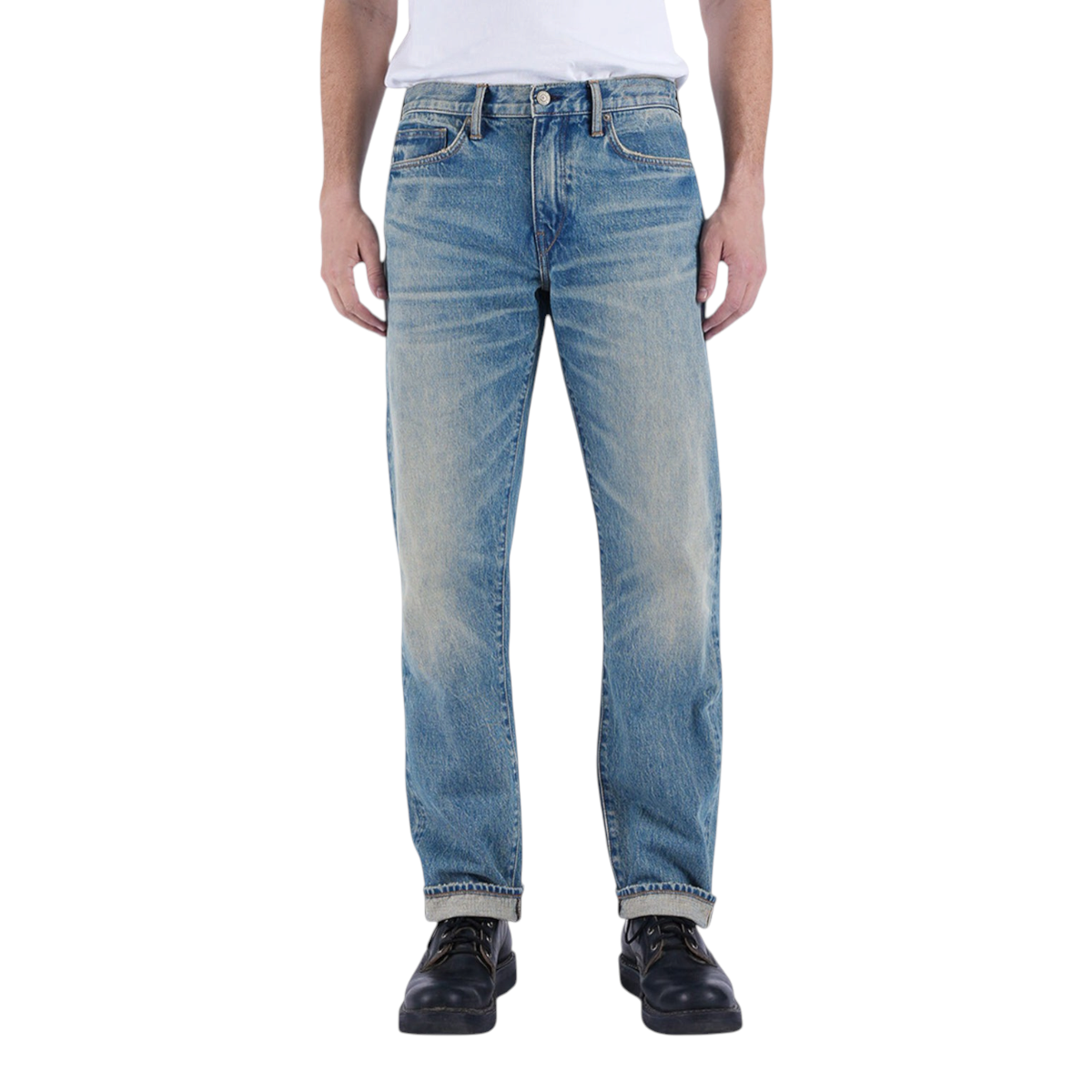MILWORKS Barrel Classic Straight 14.5oz indigo selvedge jeans with a medium rise and cuffed hem on a model
