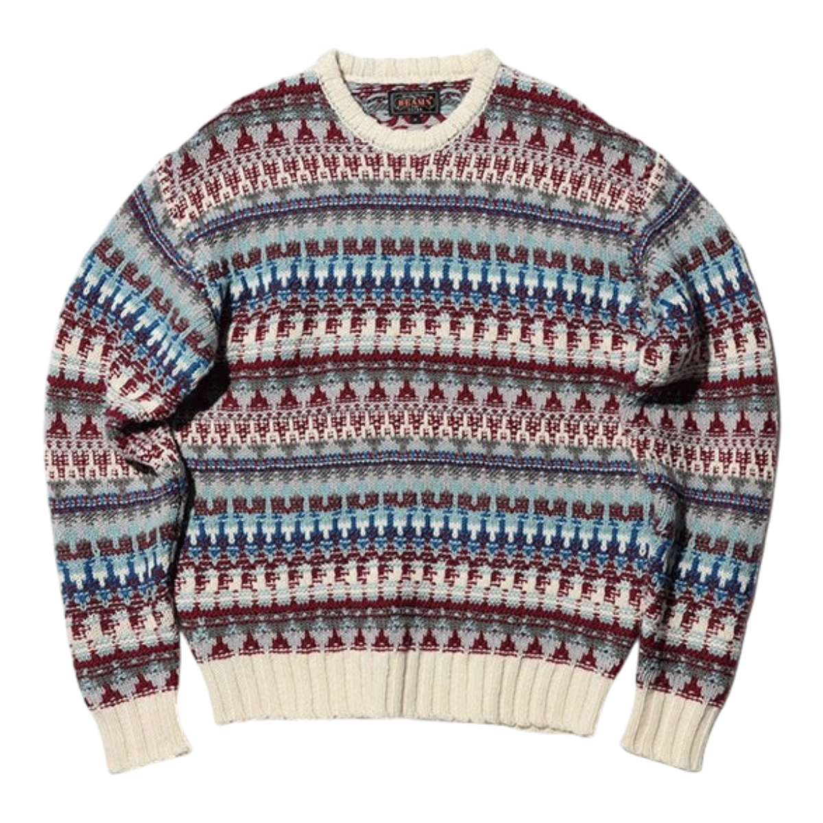 MILWORKS Beams+ crew neck sweater featuring a traditional Fair Isle pattern in white, blue, and burgundy tones.