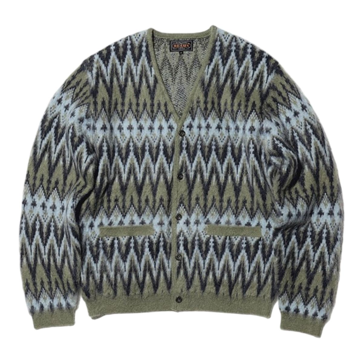 MILWORKS Beams+ green double jacquard cardigan featuring a chevron pattern and button-front closure.