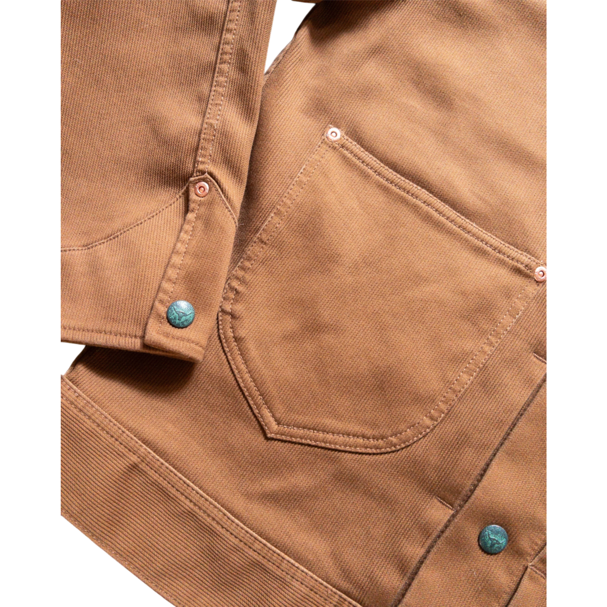 MILWORKS Bedford Cord Ranch Jacket in bay brown featuring acorn pockets, copper rivets, and aged steer head snap buttons.