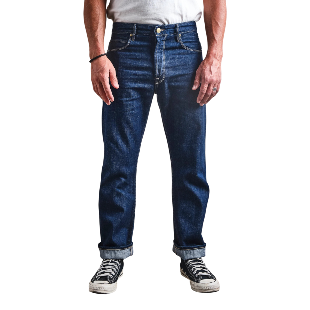 MILWORKS Belford straight fit jeans in rinsed Memphis blue selvedge denim with button fly and cuffed hems