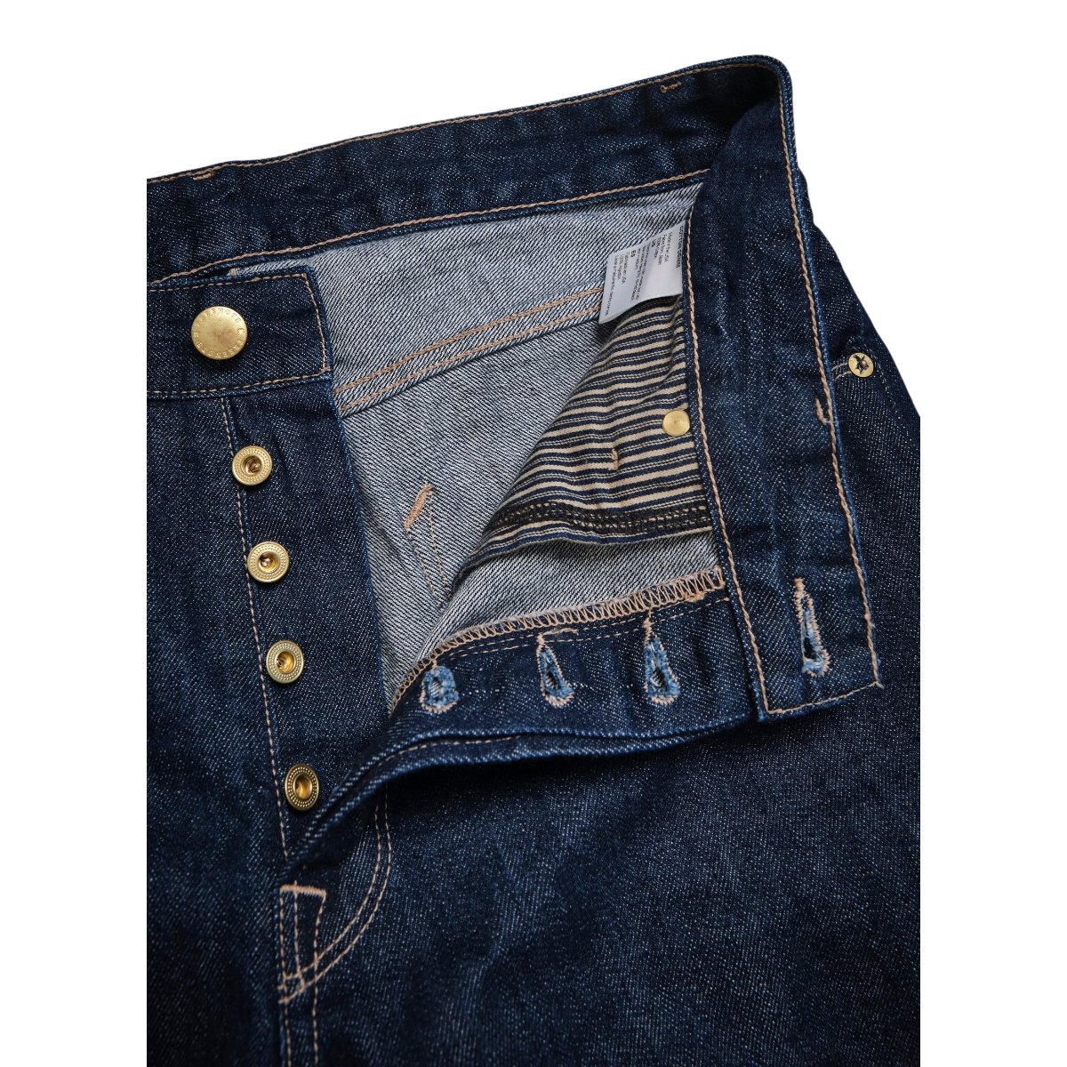 MILWORKS Belford straight fit rinsed Memphis blue selvedge denim jeans featuring a button fly and herringbone pockets