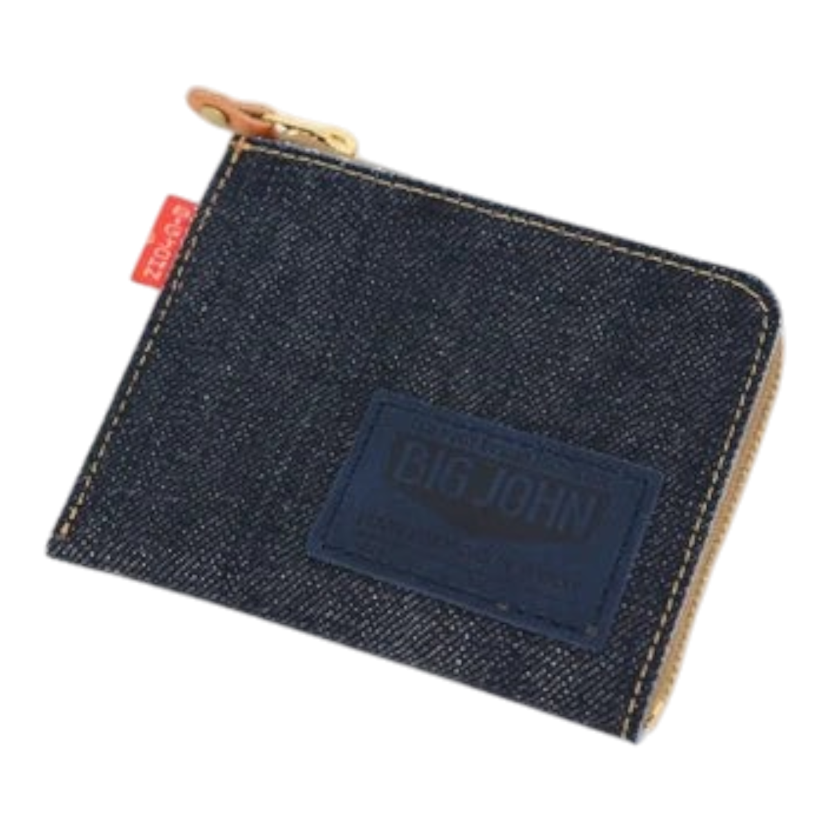 MILWORKS Big John indigo denim L-zip coin case with Italian deerskin label and gold zipper hardware