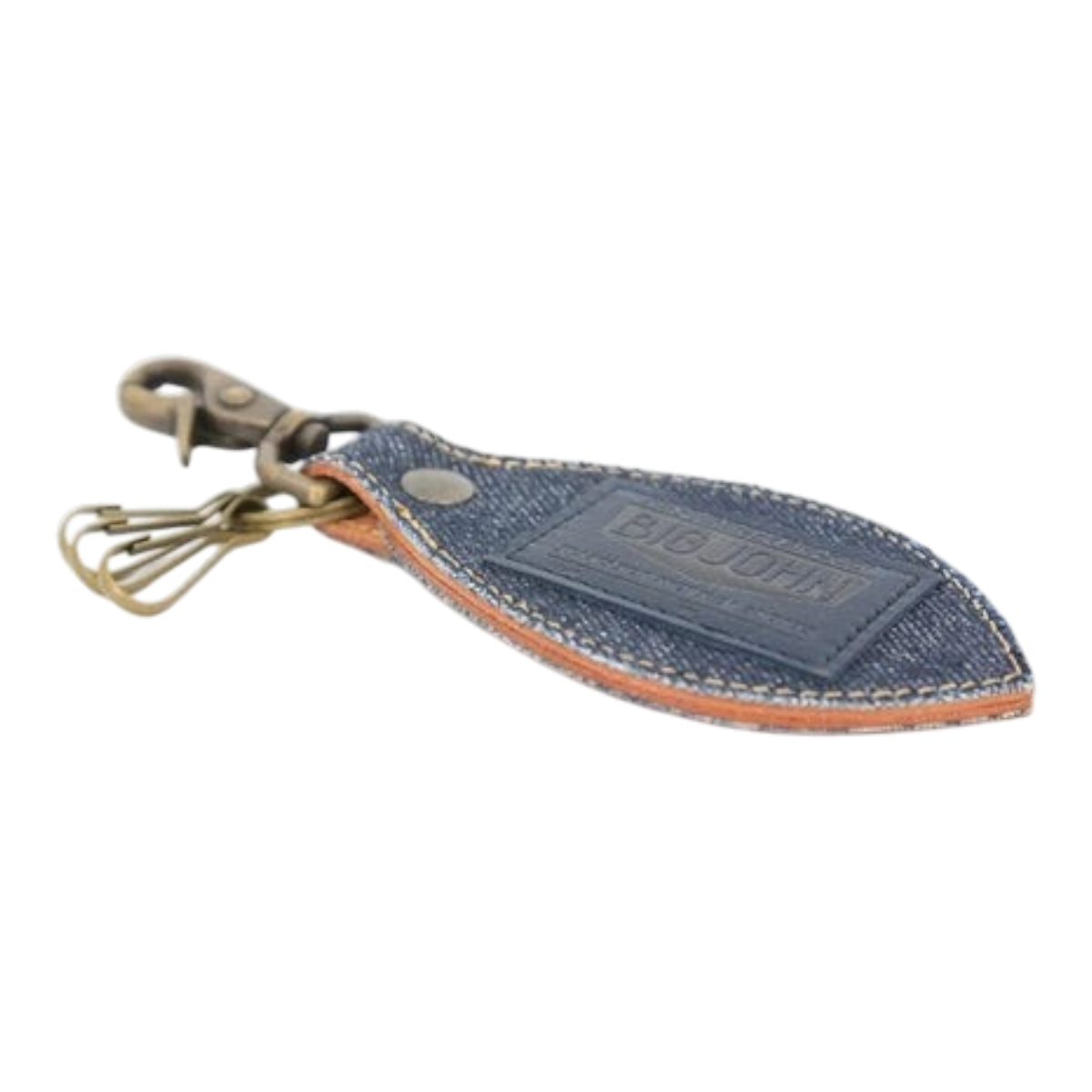 MILWORKS Big John leaf-shaped key ring made from indigo Okayama denim and Italian leather with brass hardware.