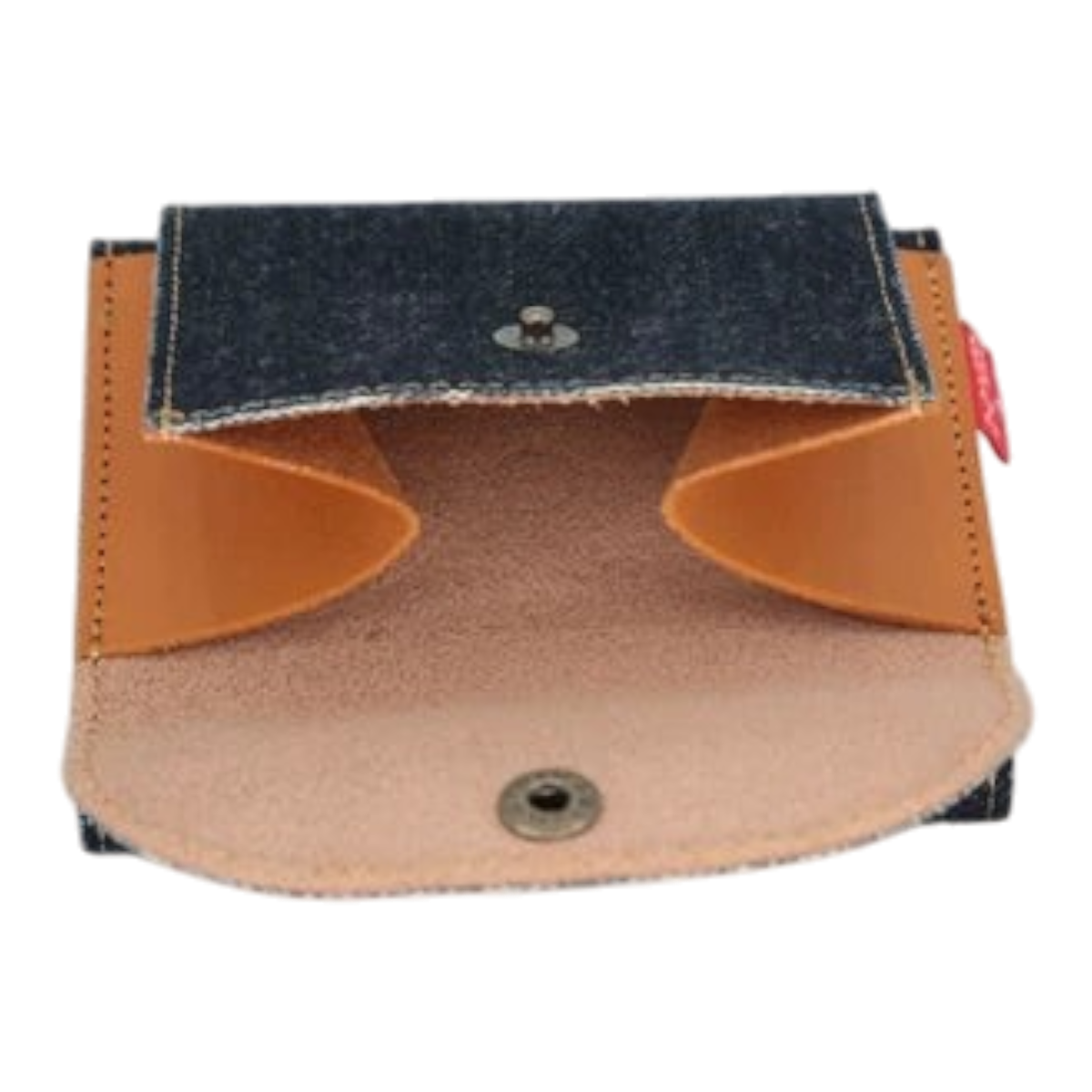 MILWORKS Big John trifold wallet in indigo Okayama denim and tan Italian leather with an external coin pocket.