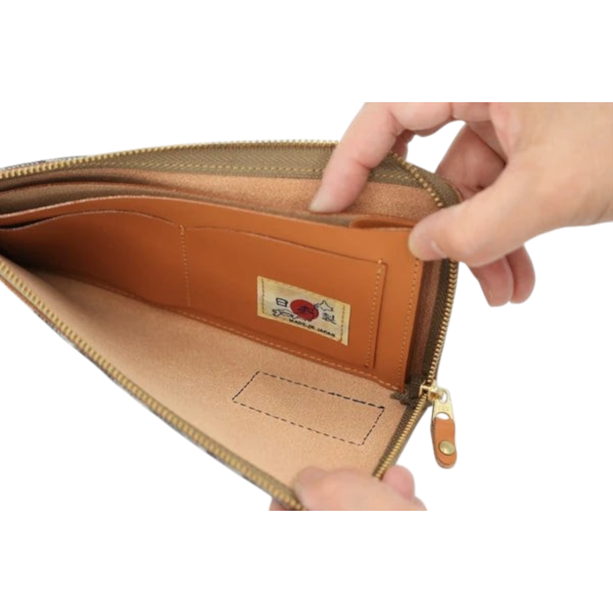 MILWORKS Big John long denim wallet interior with brown Italian leather card compartments and gold L-zip closure