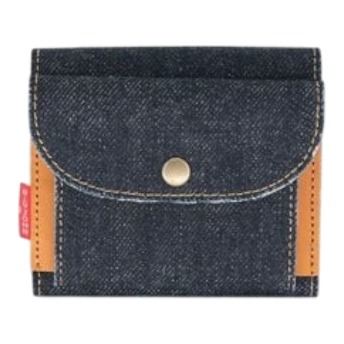 MILWORKS Big John trifold wallet in indigo denim and tan Italian leather with a snap-button coin pocket.