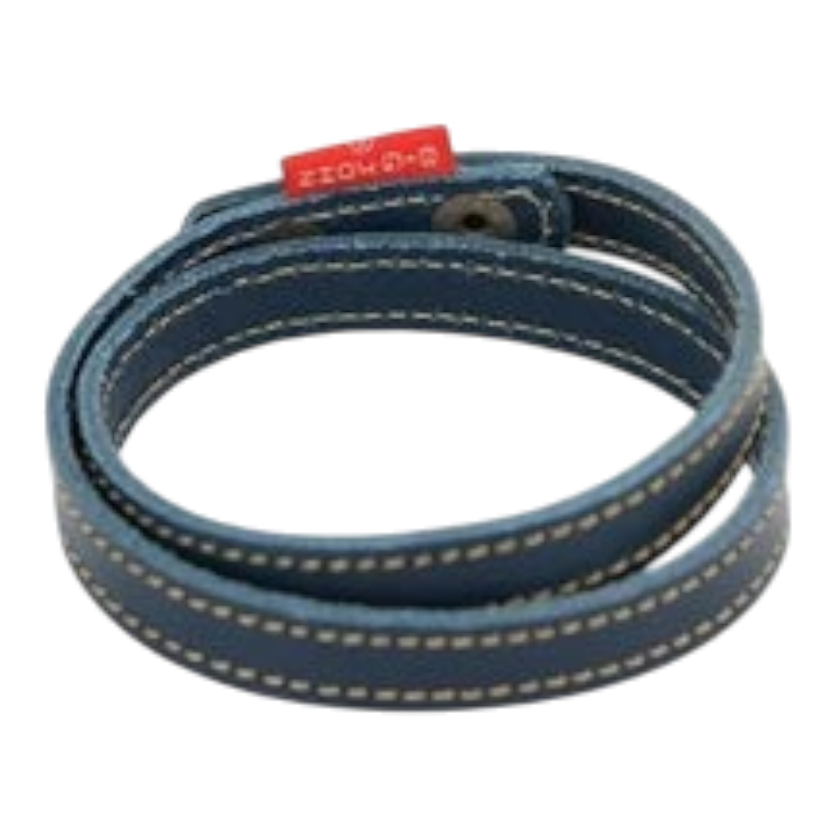 MILWORKS Big John indigo leather double wrap bracelet with contrast stitching and a small red brand tag.