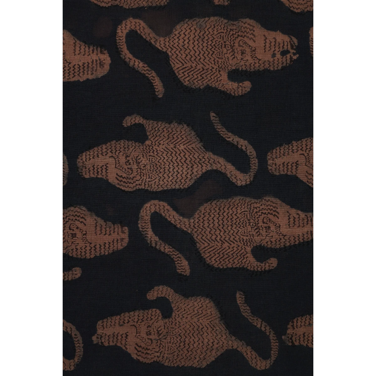 MILWORKS Ronen short sleeve shirt in black cotton with a brown hand block print of tigers and a jacquard weave texture.