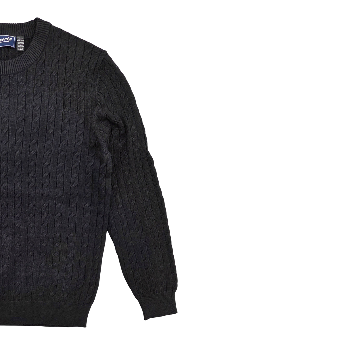 MILWORKS black cable knit crew neck sweater with ribbed cuffs and hem