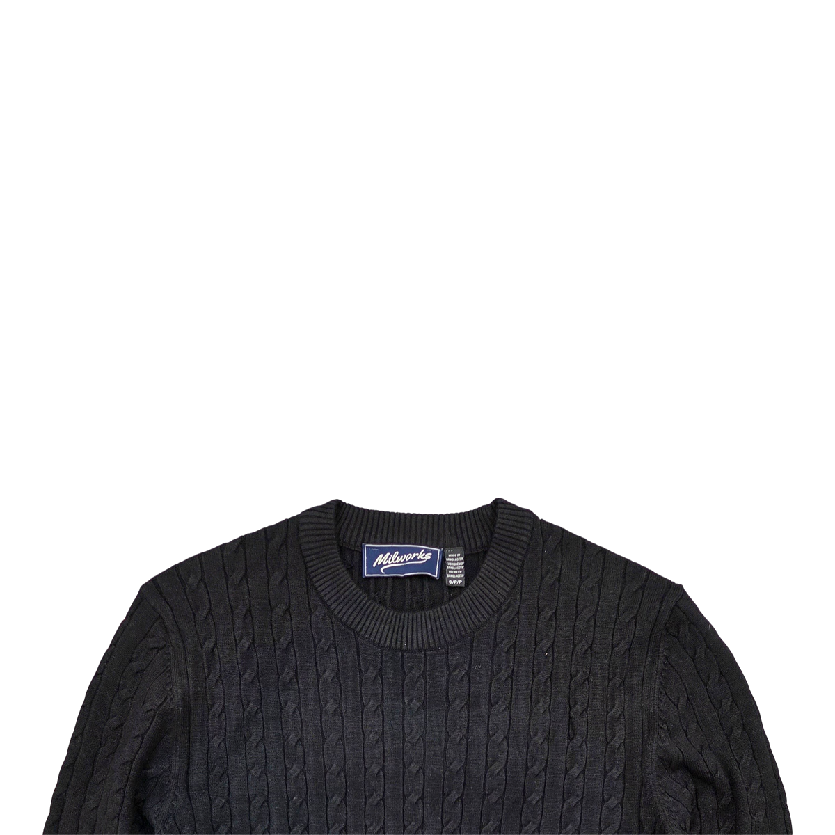 MILWORKS black cable knit crew neck sweater with ribbed collar and cuffs