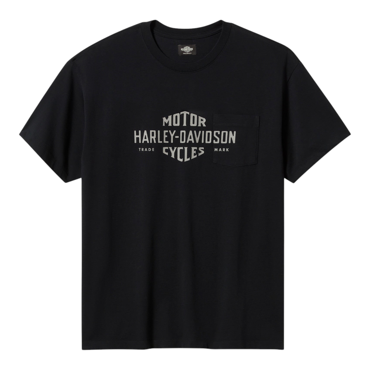 MILWORKS black heavyweight cotton jersey t-shirt with chest pocket and vintage Harley-Davidson graphic print