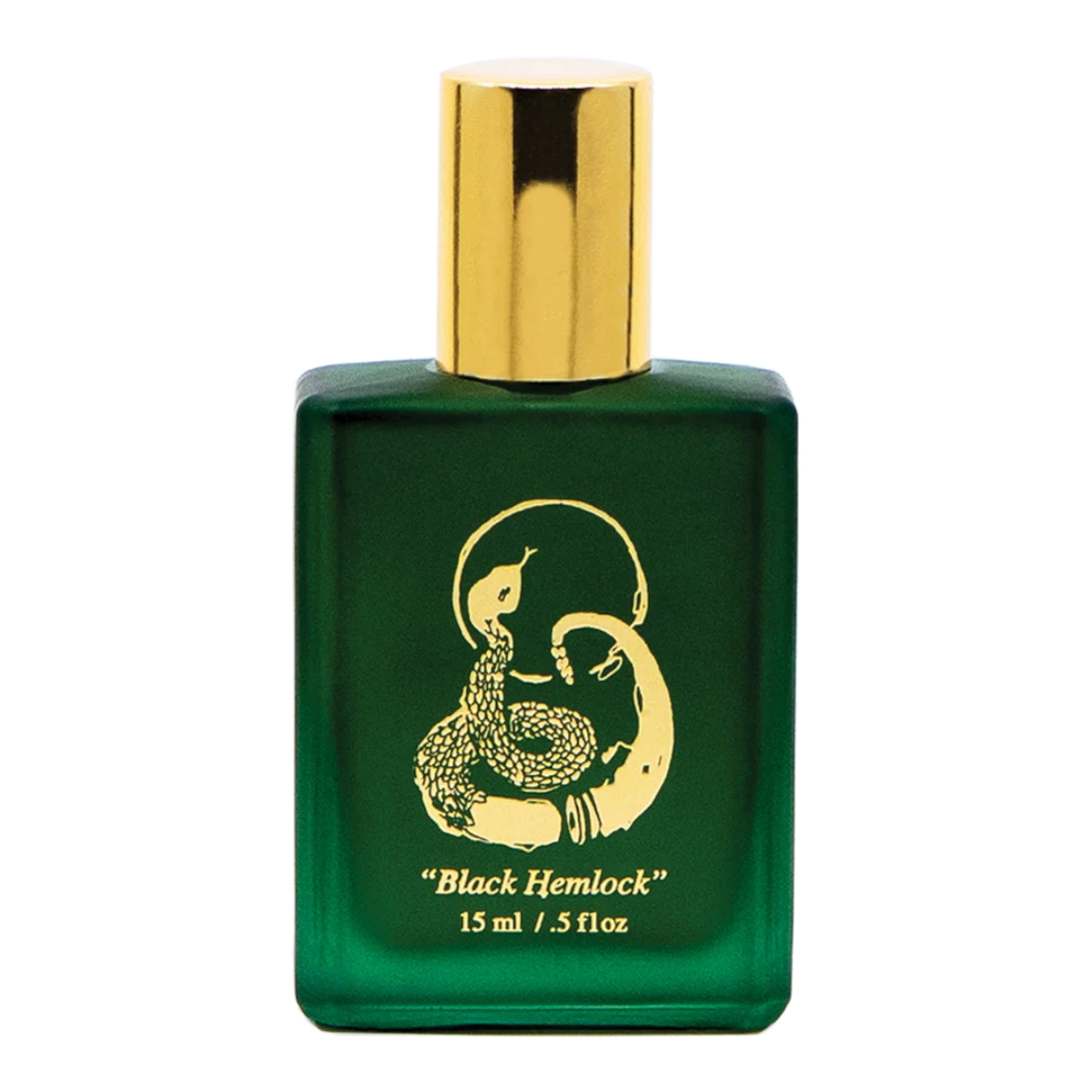 MILWORKS Black Hemlock perfume in a rectangular green glass bottle with a gold cap and snake logo.