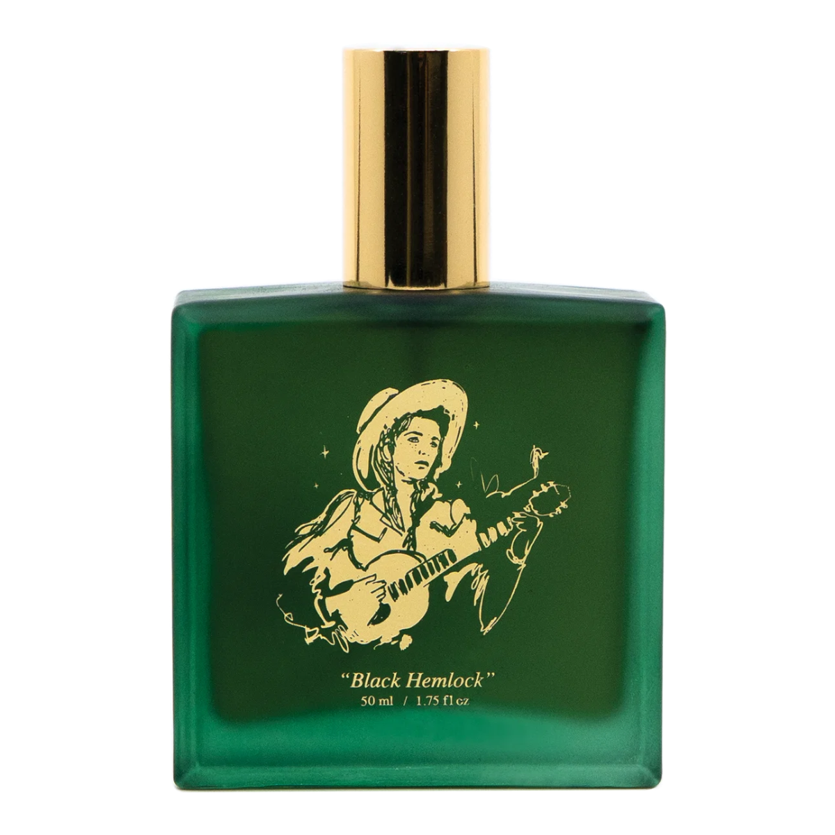 MILWORKS Black Hemlock 50ml perfume in a square frosted green glass bottle with a gold cap and cowboy illustration.