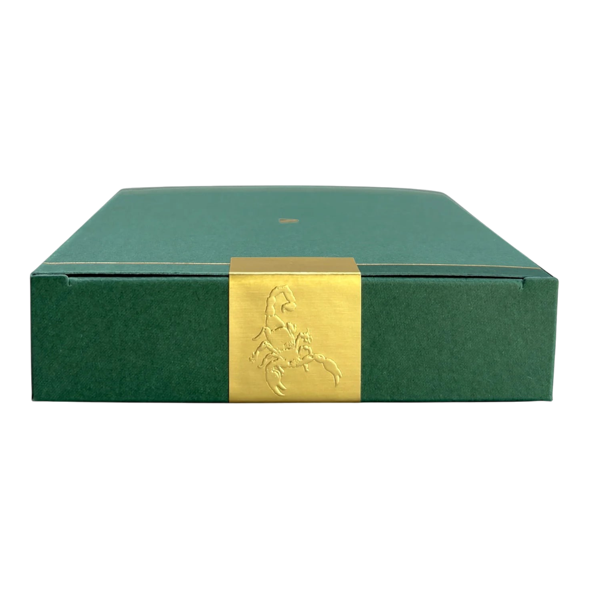 MILWORKS Black Hemlock perfume box in dark green with a gold scorpion emblem band on a white background