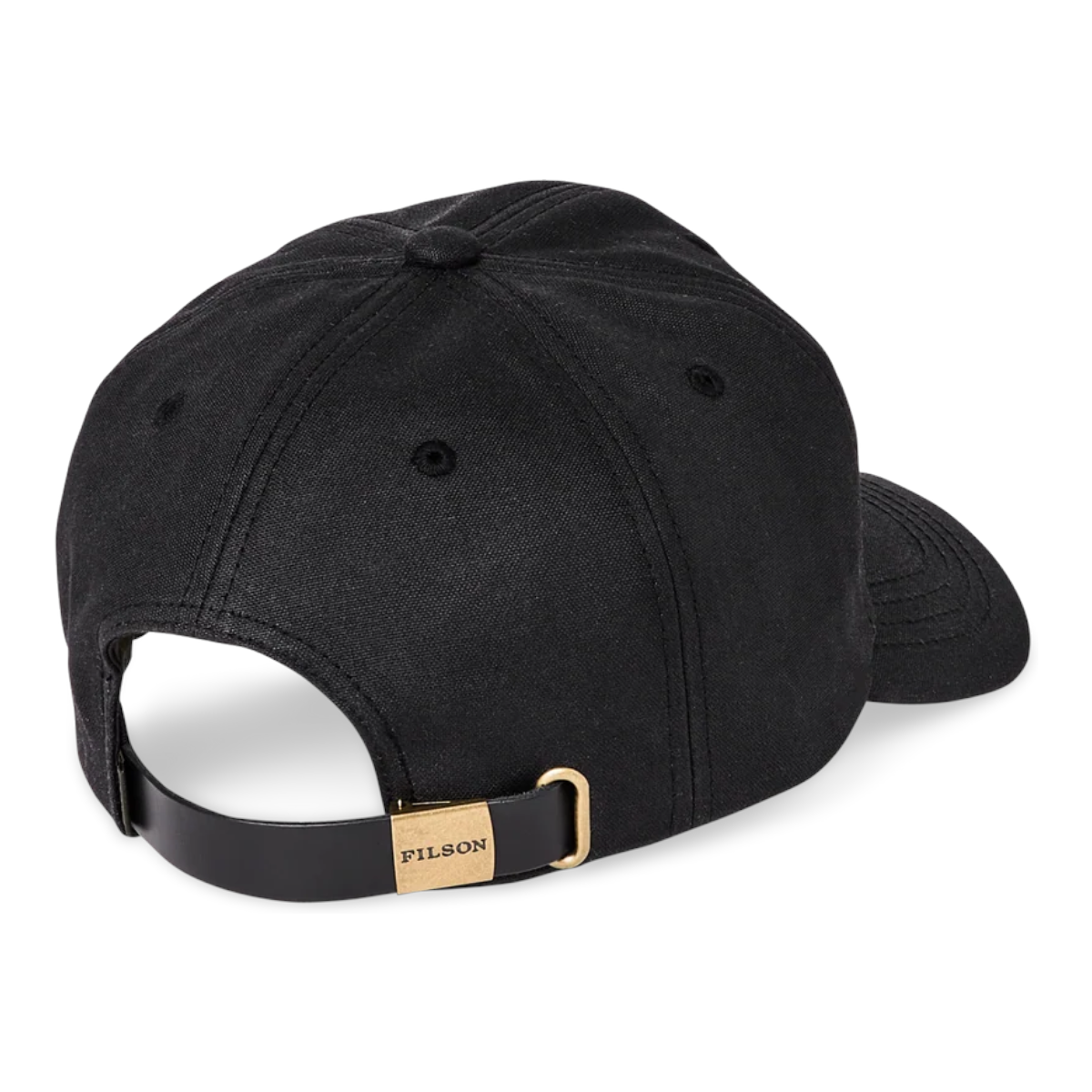 MILWORKS black waxed canvas 6-panel logger cap with leather back strap and brass buckle, rear view