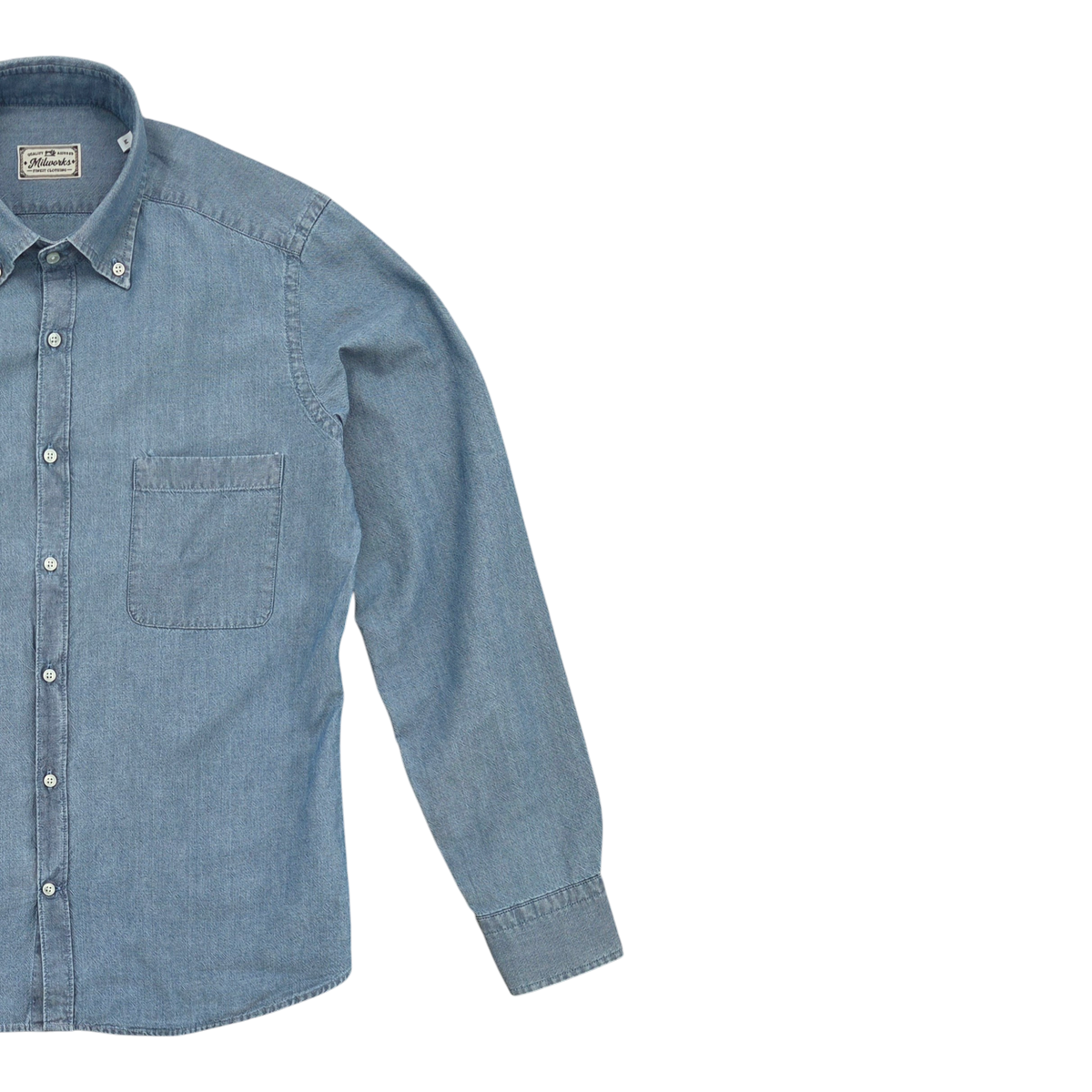 MILWORKS blue chambray oxford shirt with button-down collar and chest pocket, crafted from premium Italian fabric.