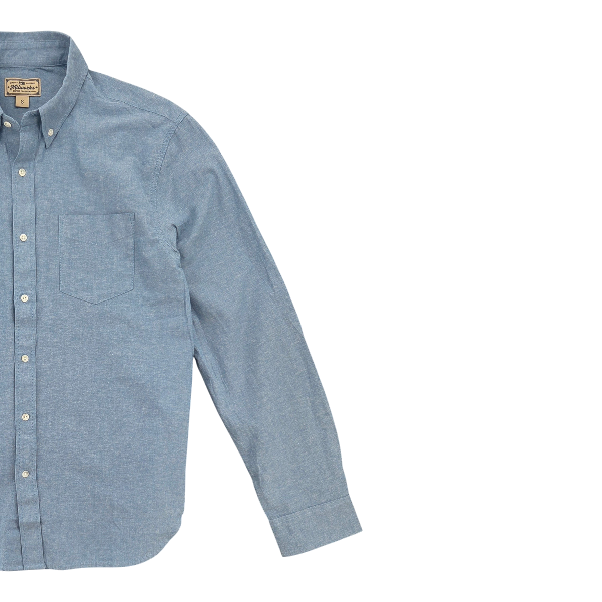 MILWORKS blue oxford cloth button-up shirt with a chest pocket and classic collar, shown in a regular fit.
