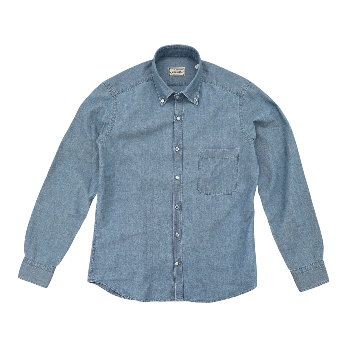 MILWORKS blue chambray oxford shirt with button-down collar and chest pocket, crafted from premium Italian fabric.