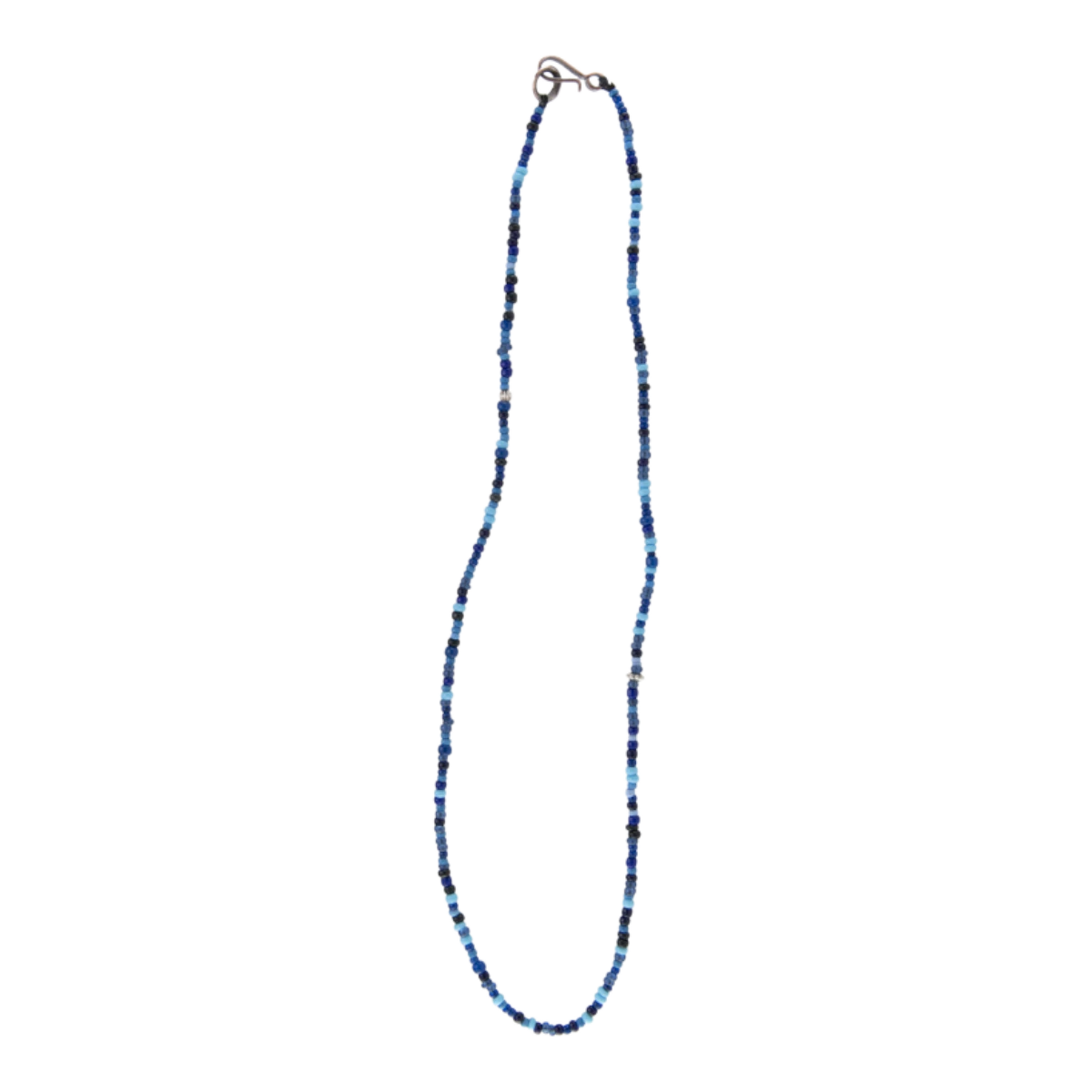 MILWORKS blue multi-colored beaded necklace, hand-crafted in Japan with a metal hook clasp.