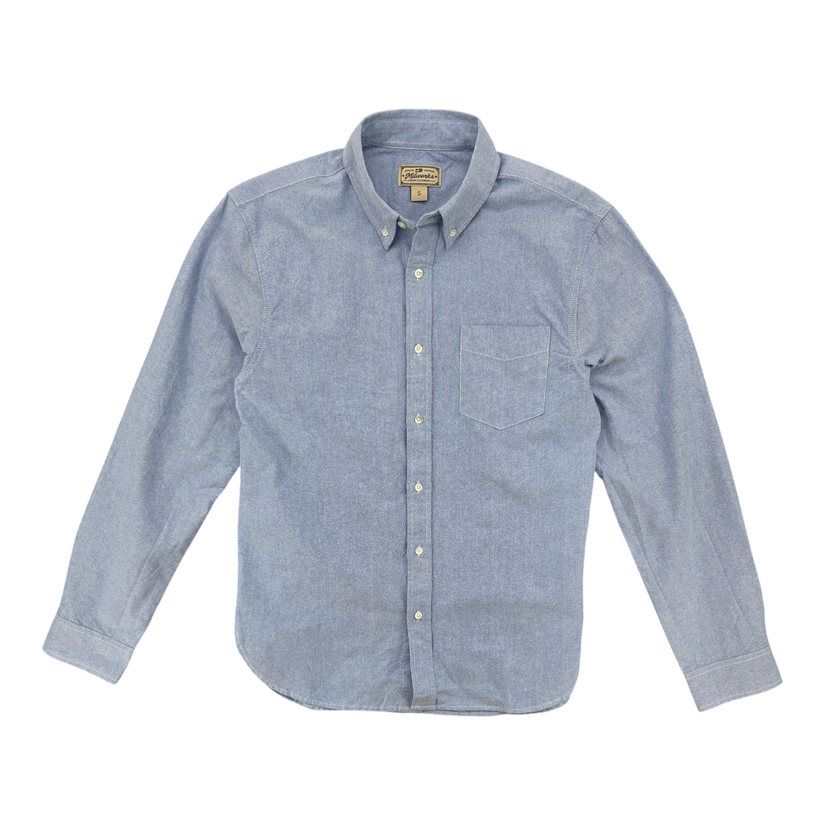 MILWORKS classic blue oxford button-up shirt with a chest pocket and button-down collar in a regular fit.