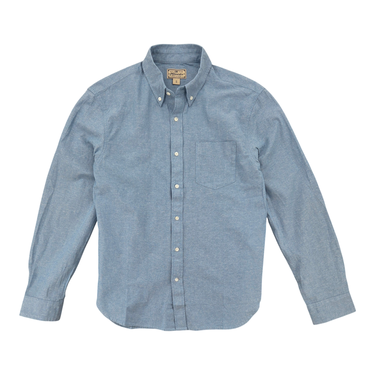 MILWORKS classic blue oxford button-up shirt in premium chambray cloth with a chest pocket and regular fit