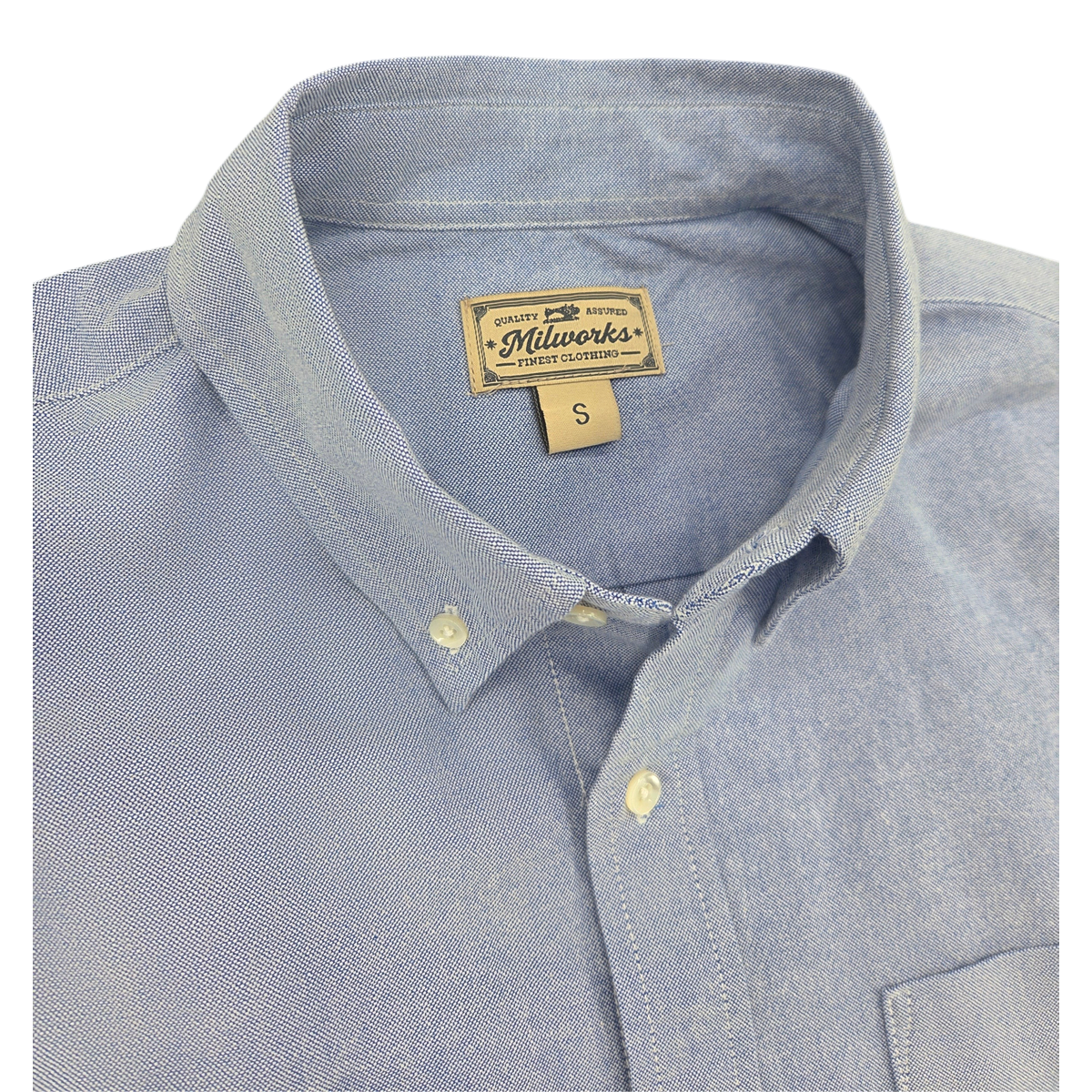 MILWORKS blue oxford cloth button-down shirt with a classic collar and branded neck label