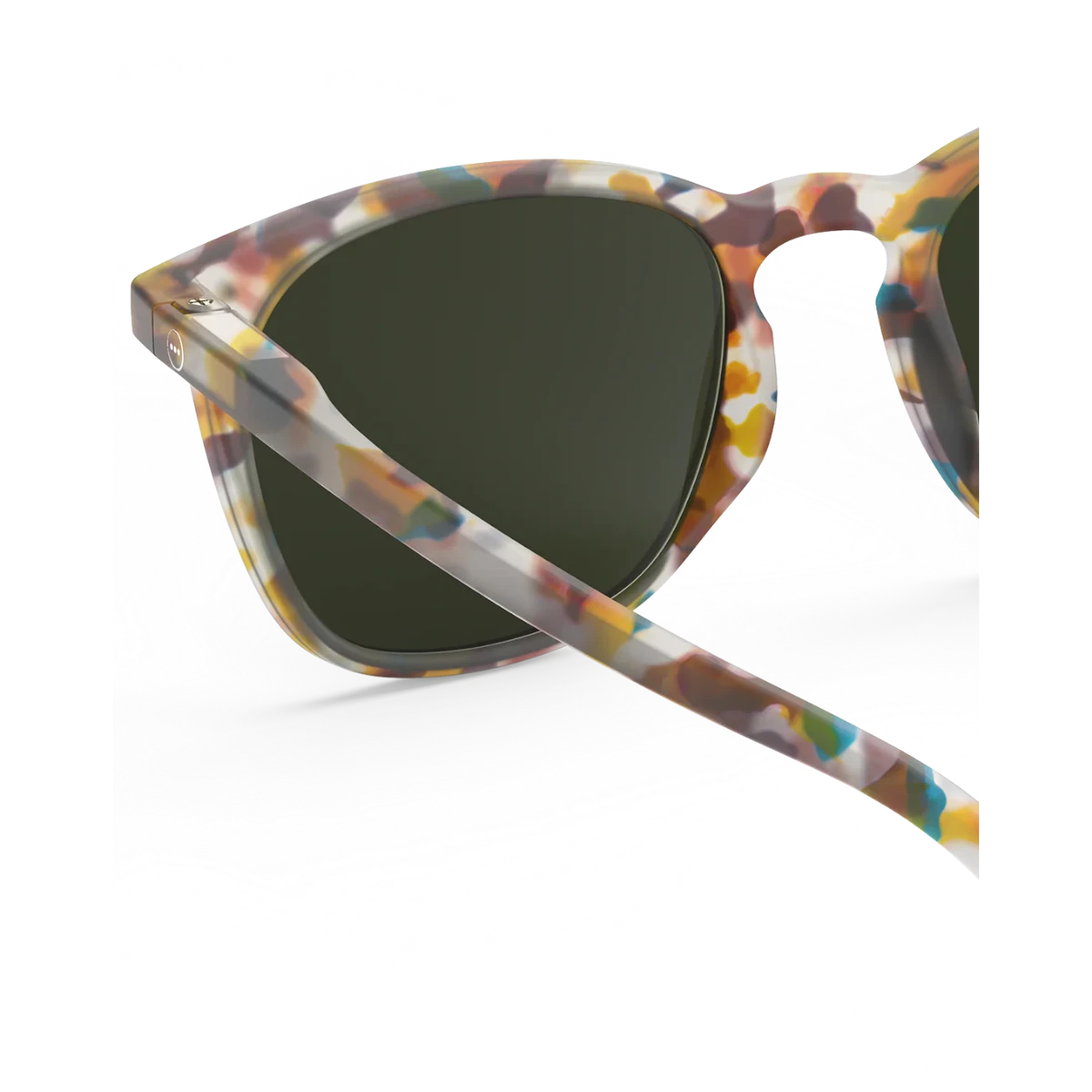 MILWORKS #E sunglasses featuring a trapeze-shaped blue tortoise frame with a soft-touch finish and grey sun lenses.